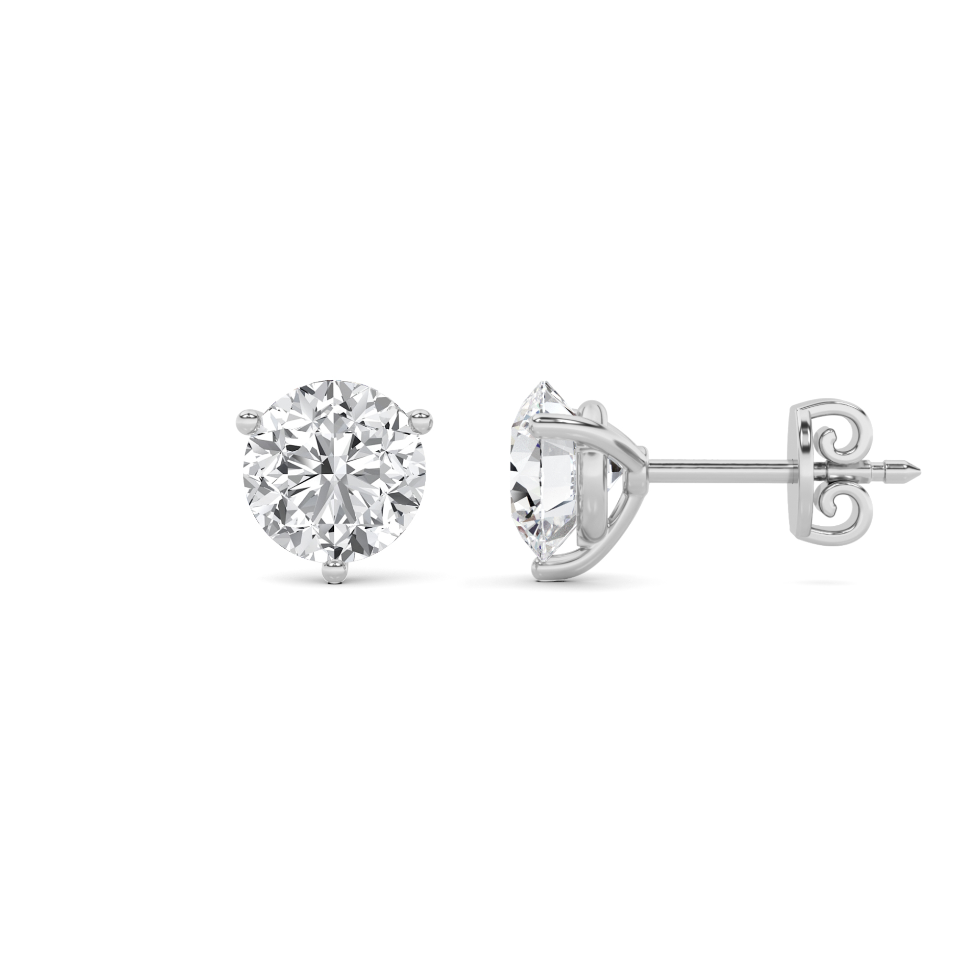 3 Prong Round Stud Earring in 9K White Gold Screw Back Modern Diamond Earrings