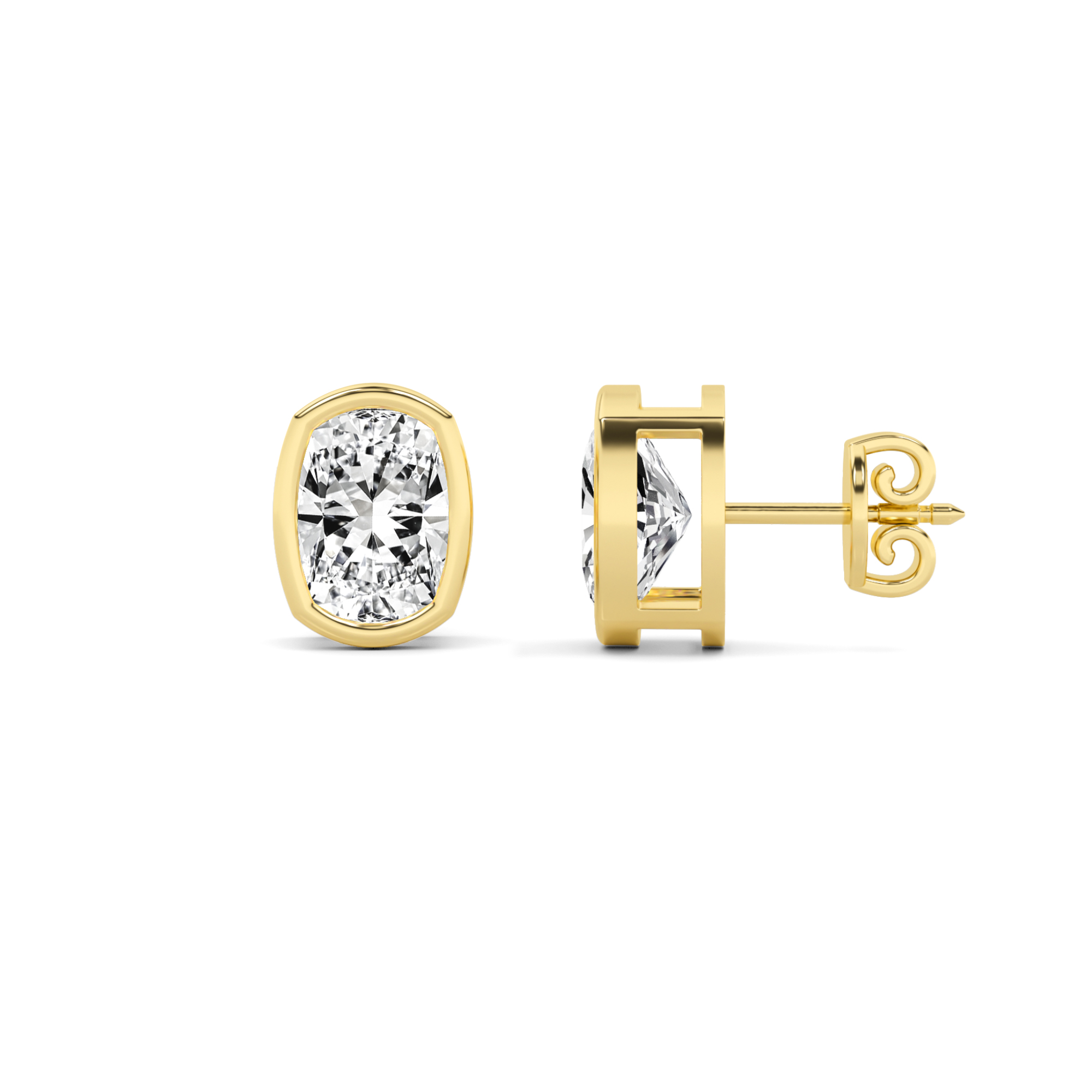 Bezel Set Cushion Stud Earring in 9K Yellow Gold Screw Back Trendy Diamond Earrings