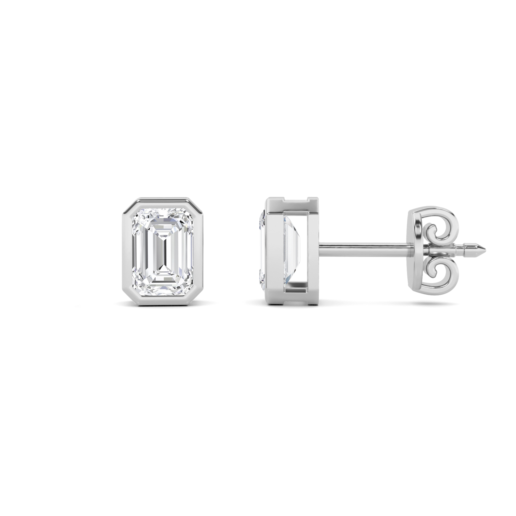 Bezel Set Emerald Stud Earring in 9K White Gold Screw Back Trendy Diamond Earrings