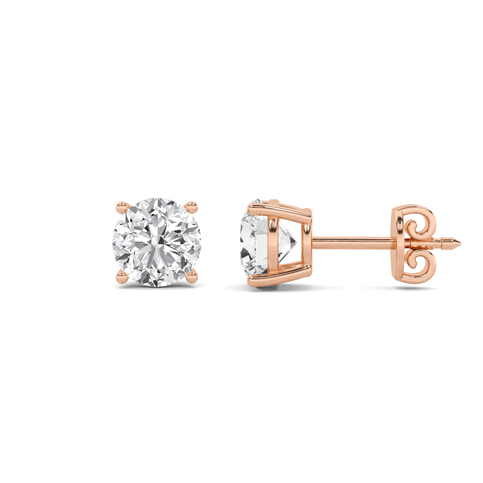 Basket 4 Prong Round Cut Stud Earring in 9K Rose Gold Push Back Classic Diamond Earrings