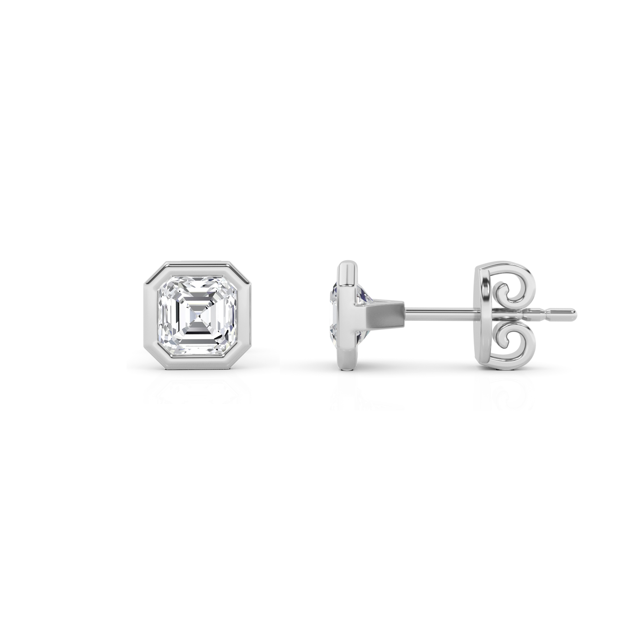 Classic Bezel Set Asscher Diamond Stud Earring in 9K White Gold Push Back