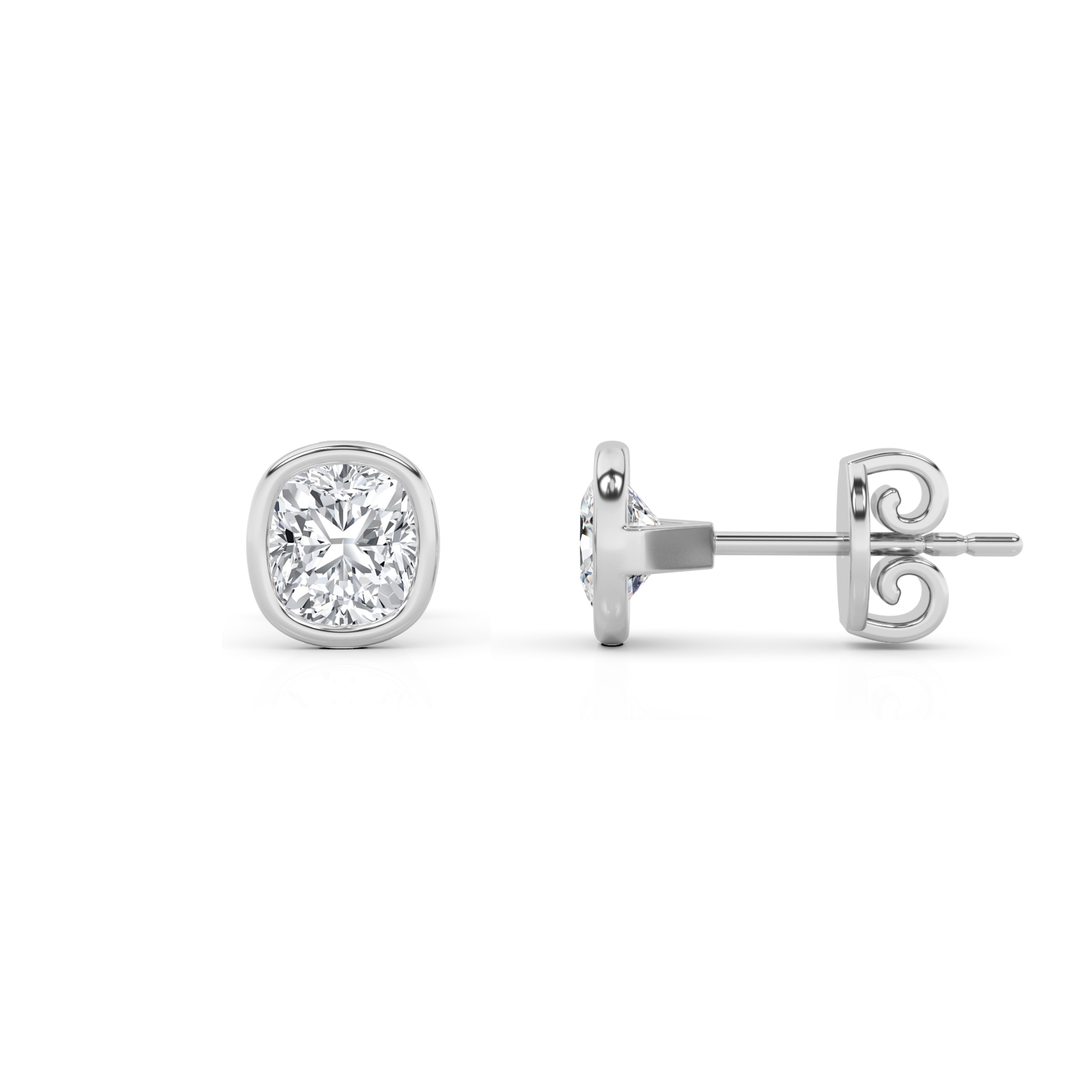 Classic Bezel Set Cushion Diamond Stud Earring in 9K White Gold Push Back