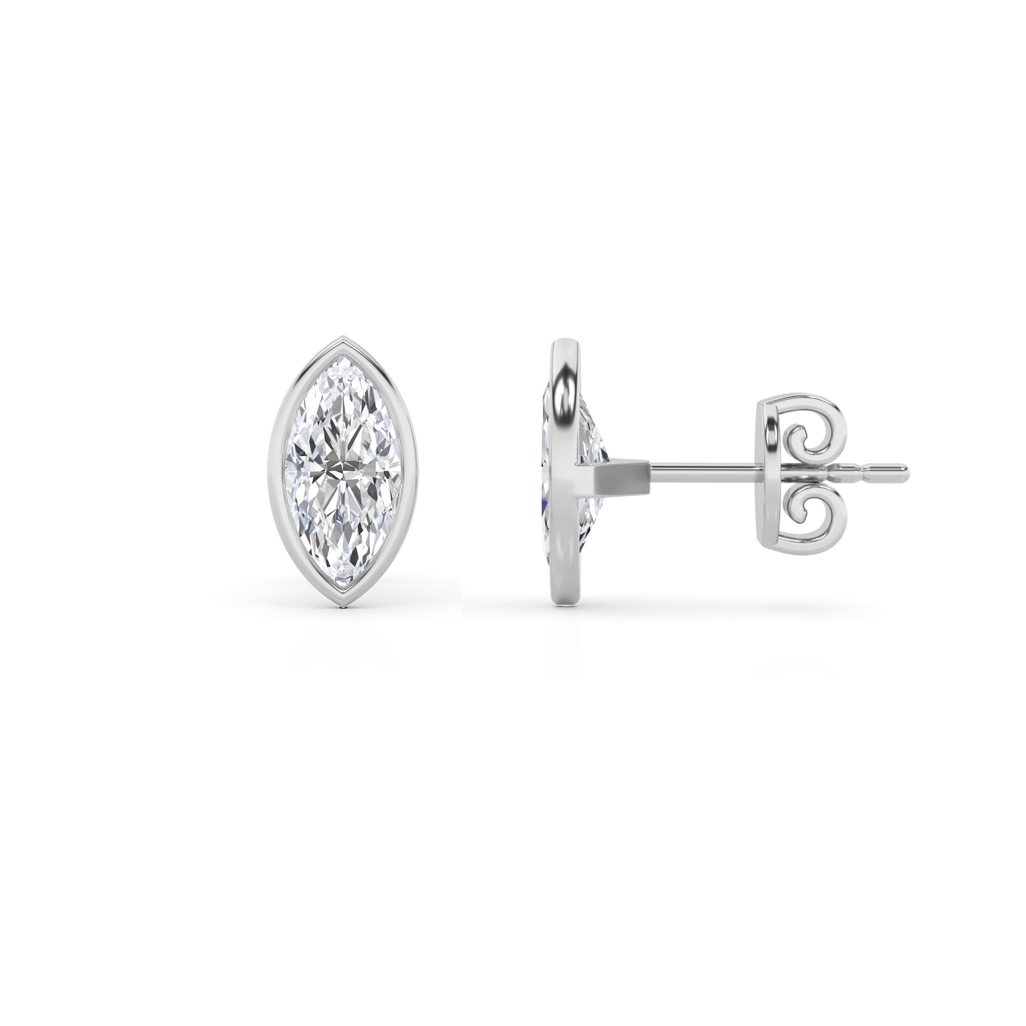 Classic Bezel Set Marquise Diamond Stud Earring in 9K White Gold Push Back
