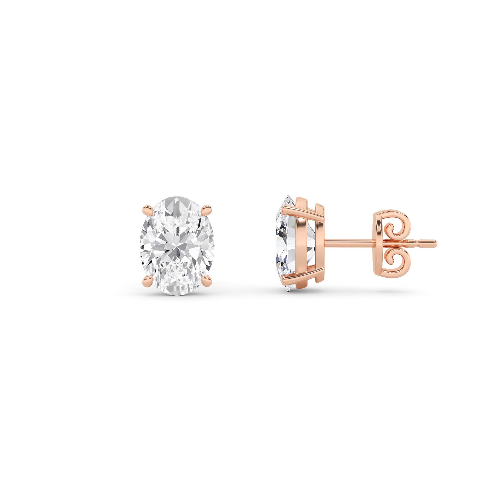 Classic 4 Prong Oval Diamond Stud Earring in 9K Rose Gold Push Back