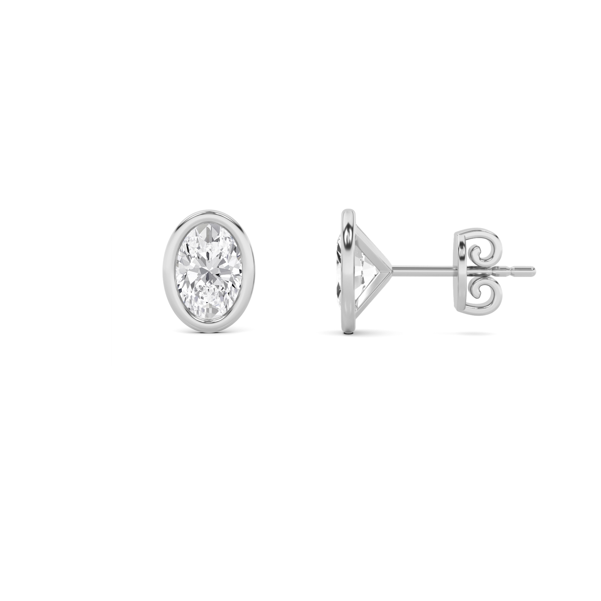 Flat Back Bezel Set Oval Diamond Stud Earring in 9K White Gold Push Back