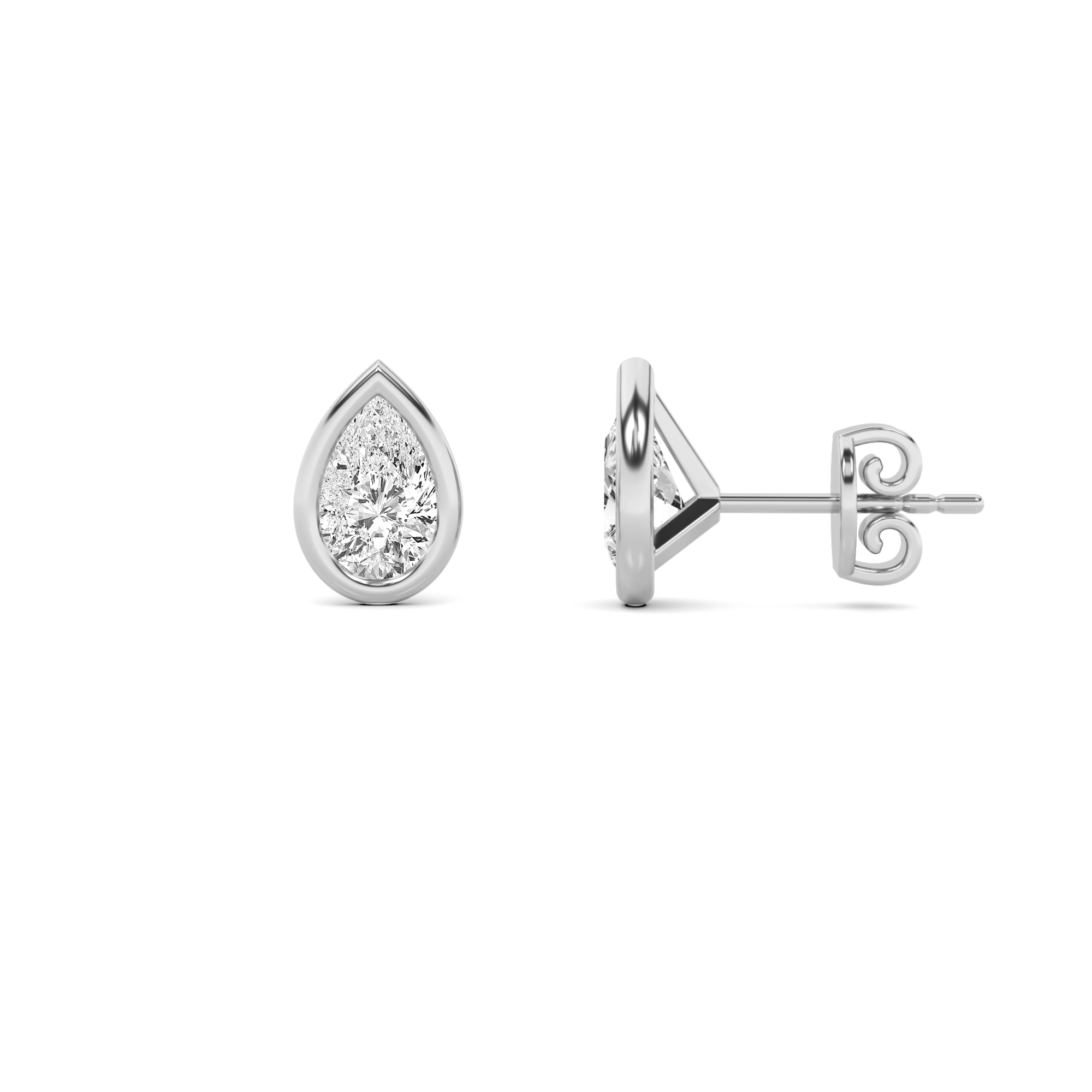 Flat Back Bezel Set Pear Diamond Stud Earring in 9K White Gold Push Back
