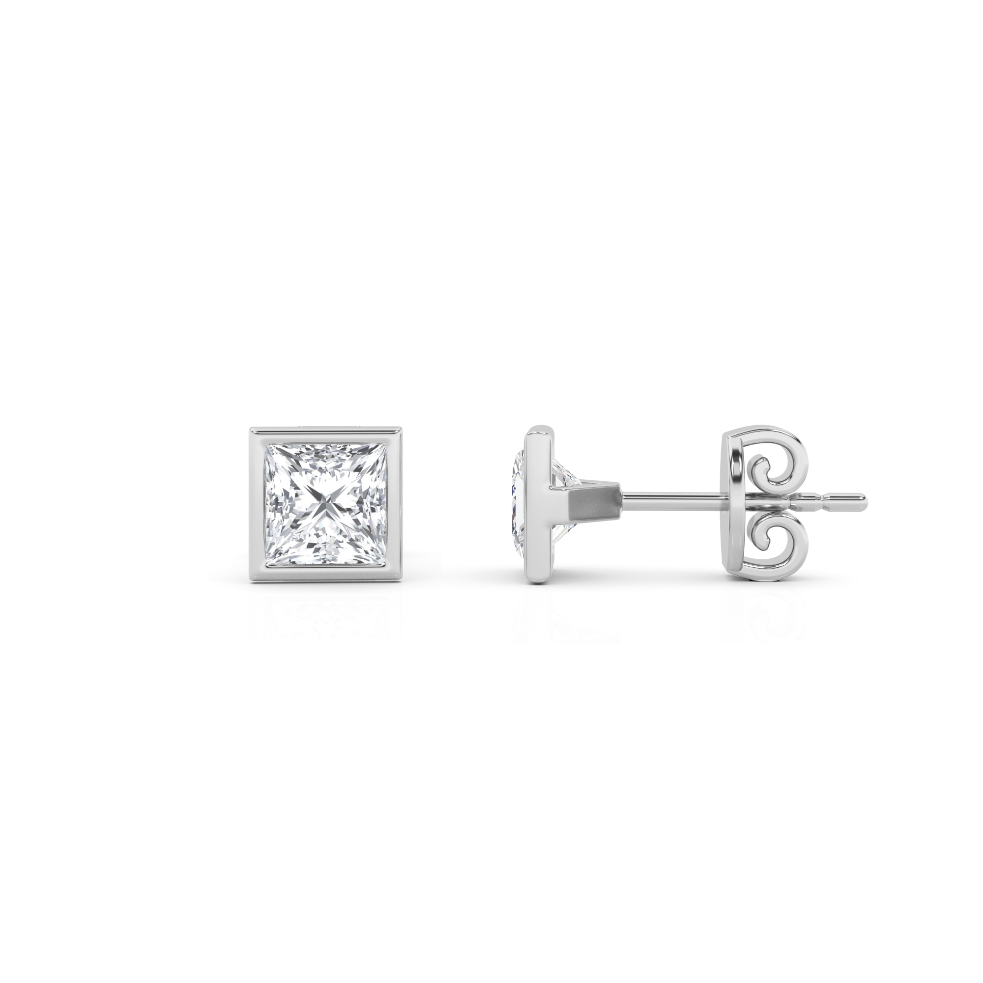 Classic Bezel Set Princess Diamond Stud Earring in 9K White Gold Push Back