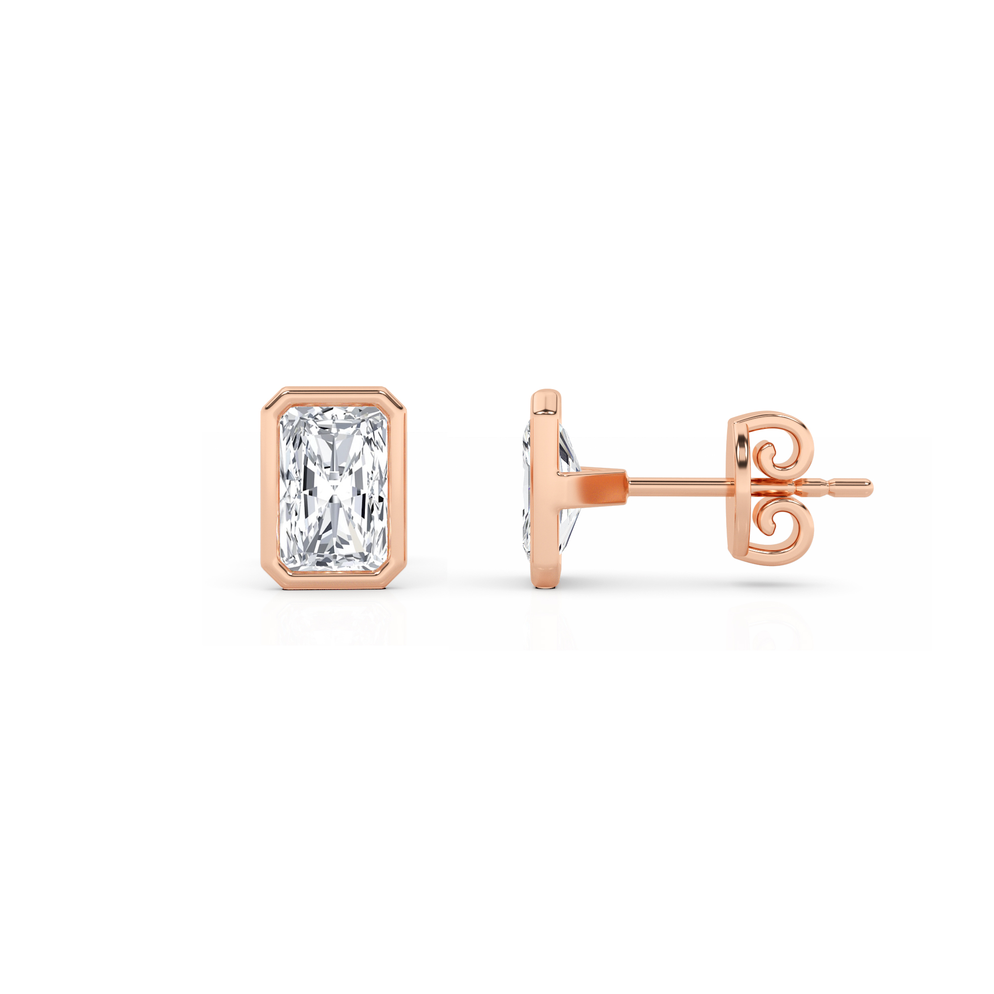 Classic Bezel Set Radiant Diamond Stud Earring in 9K Rose Gold Push Back