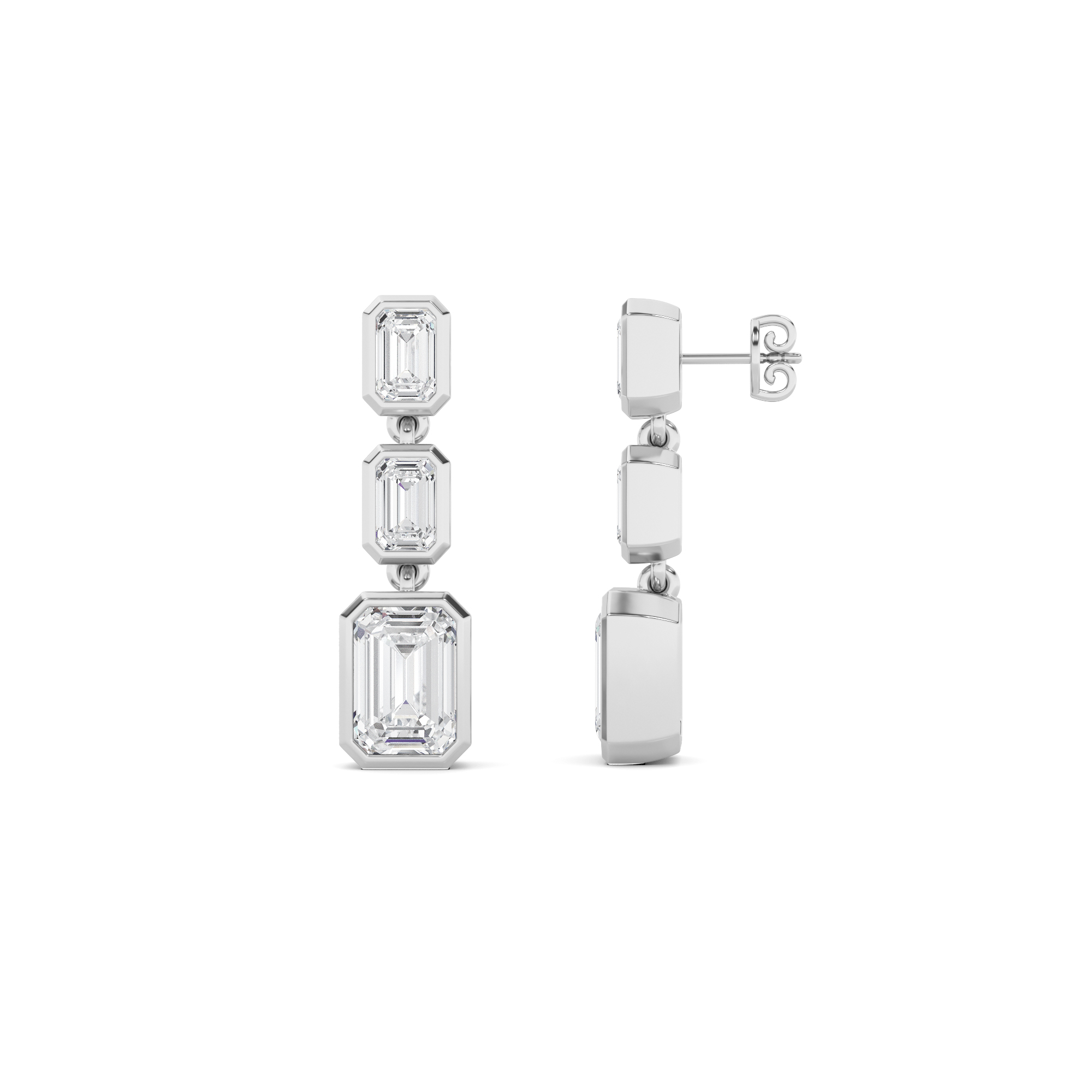 Elegance Bezel Setting Emerald Cut Three Stone Cluster Diamond Earring In 9K White Gold