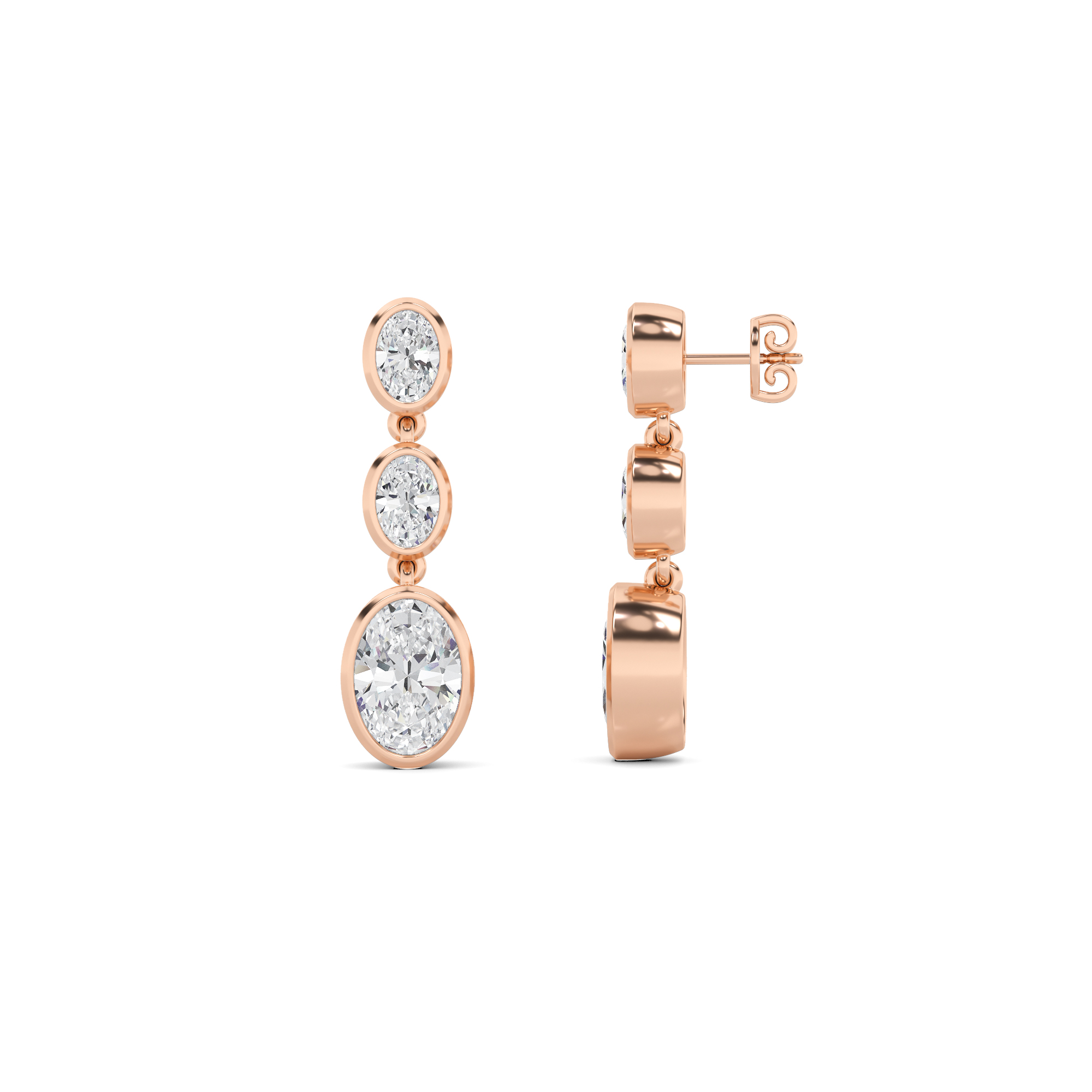 Elegance Bezel Setting Oval Cut Three Stone Cluster Diamond Earring In 9K Rose Gold
