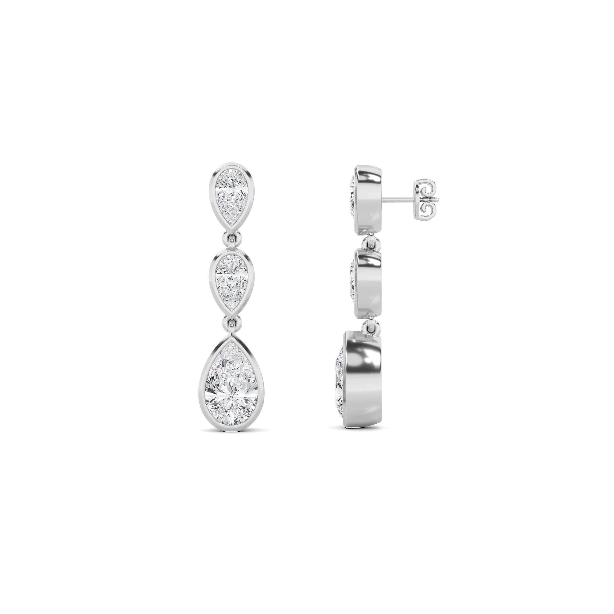 Elegance Bezel Setting Pear Cut Three Stone Cluster Diamond Earring In 9K White Gold