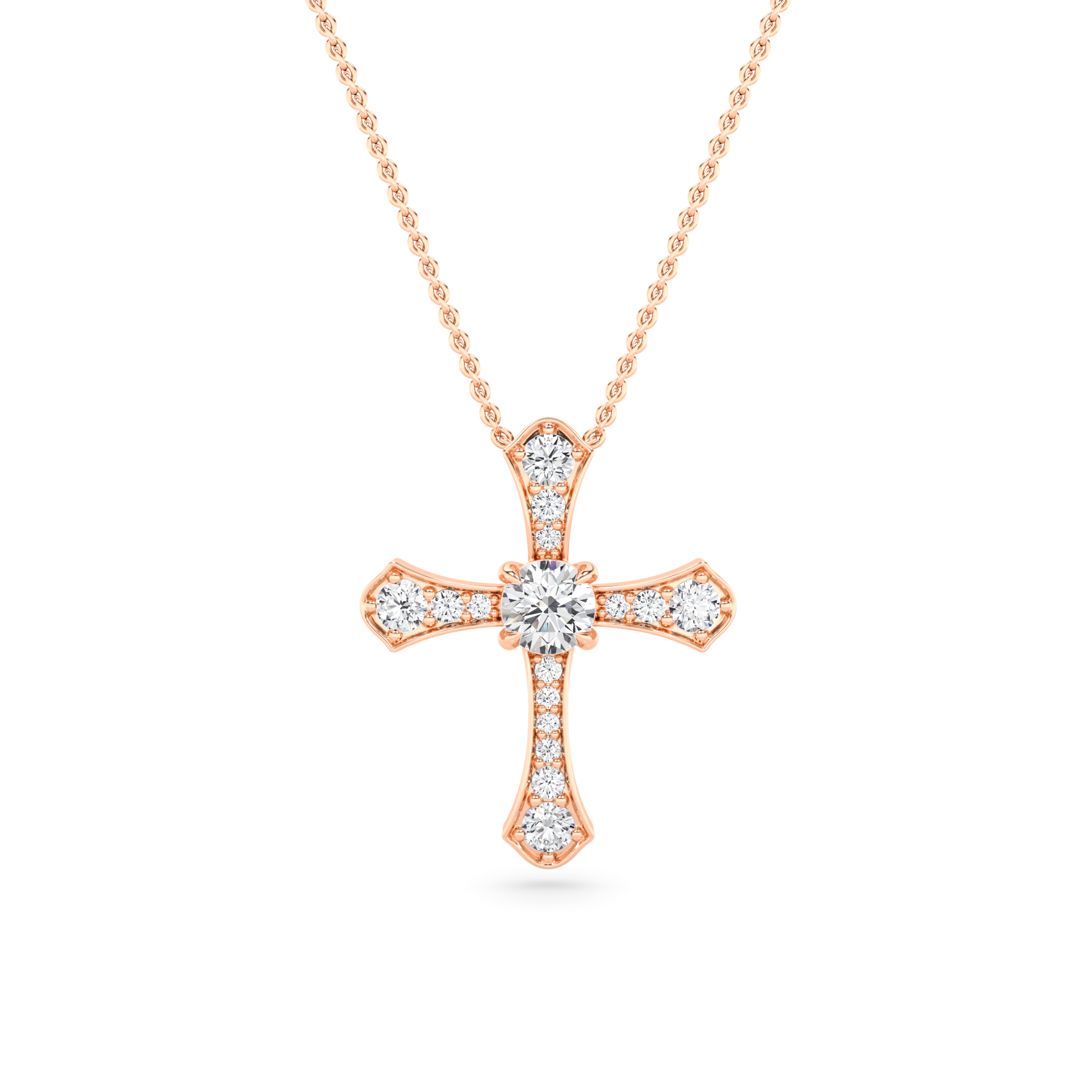 Pave Set Round Cut Diamond Cross Pendant with 18" Chain Rose Gold Modern Necklaces