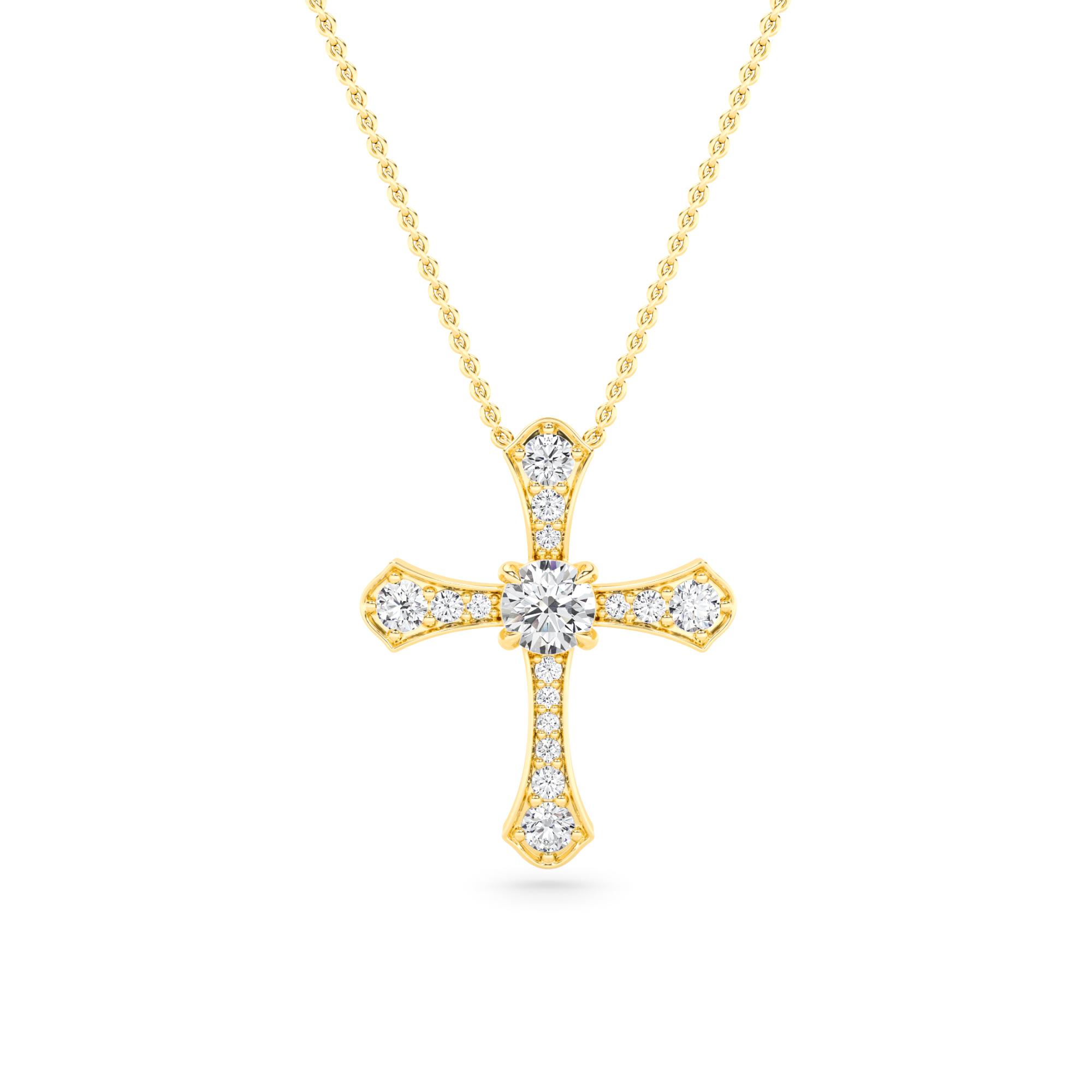 Pave Set Round Cut Diamond Cross Pendant with 18" Chain Yellow Gold Modern Necklaces