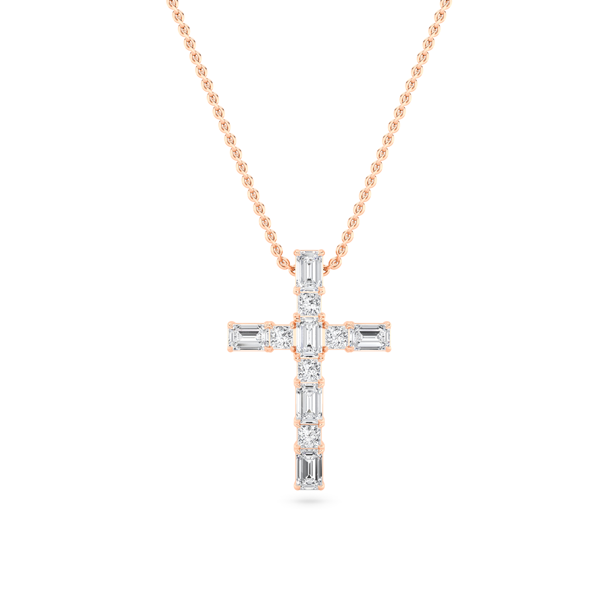 Prong Set Round & Baguette Cut Diamond Cross Pendant Necklace with 18" Chain Rose Gold Shimmering Necklaces