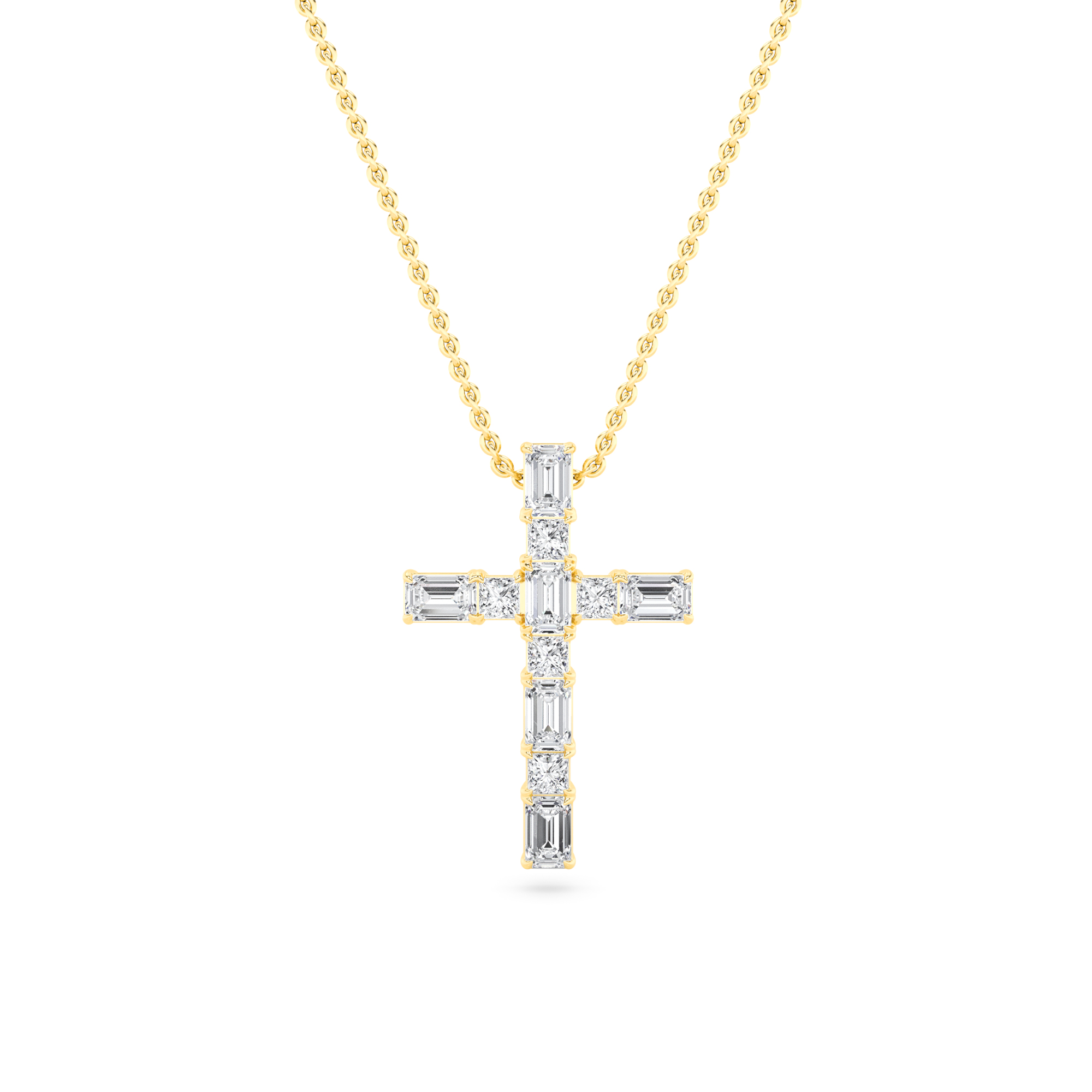 Prong Set Round & Baguette Cut Diamond Cross Pendant Necklace with 18" Chain Yellow Gold Shimmering Necklaces