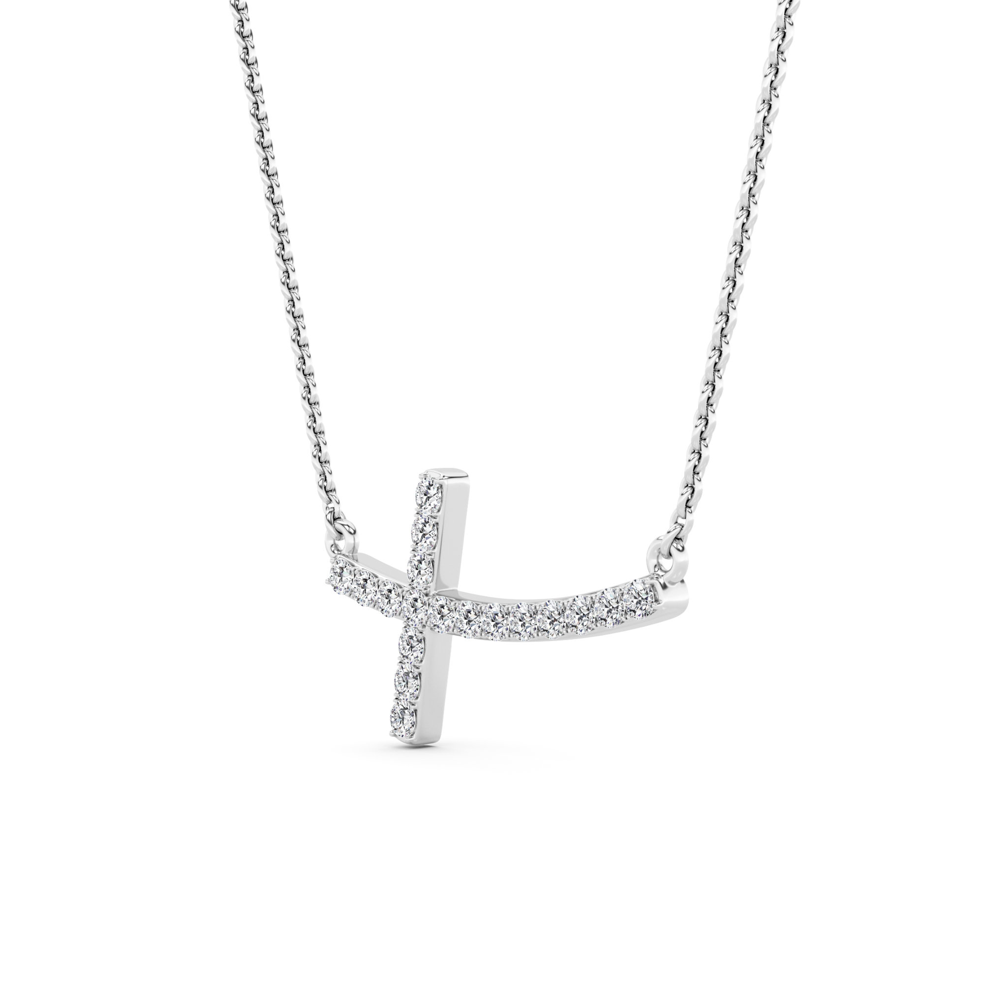 Sideways 4 Prong Round Cut Diamond Cross Necklaces In 9K White Gold