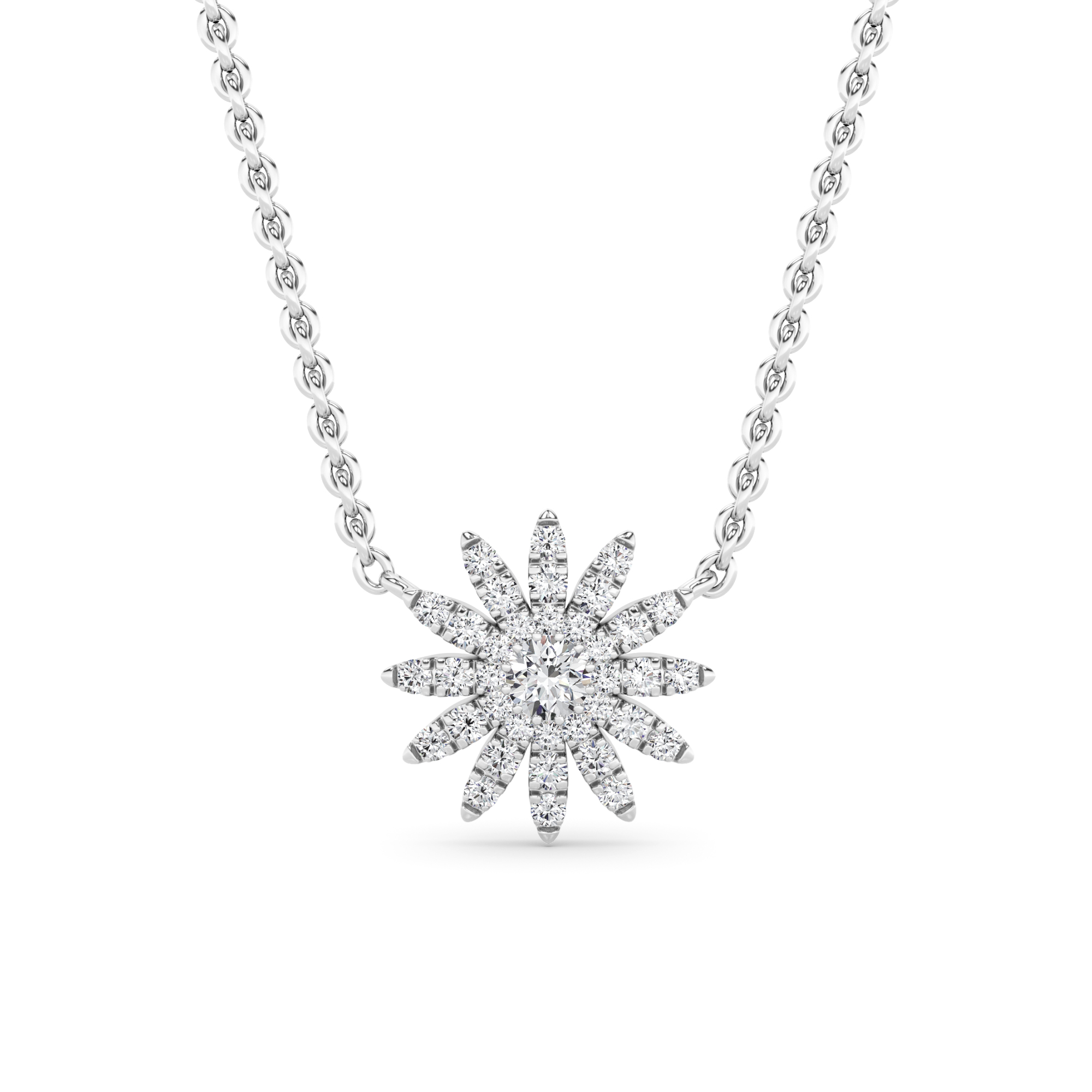 Flower Style Round Cut Diamond Designer Necklaces In 9K White Gold