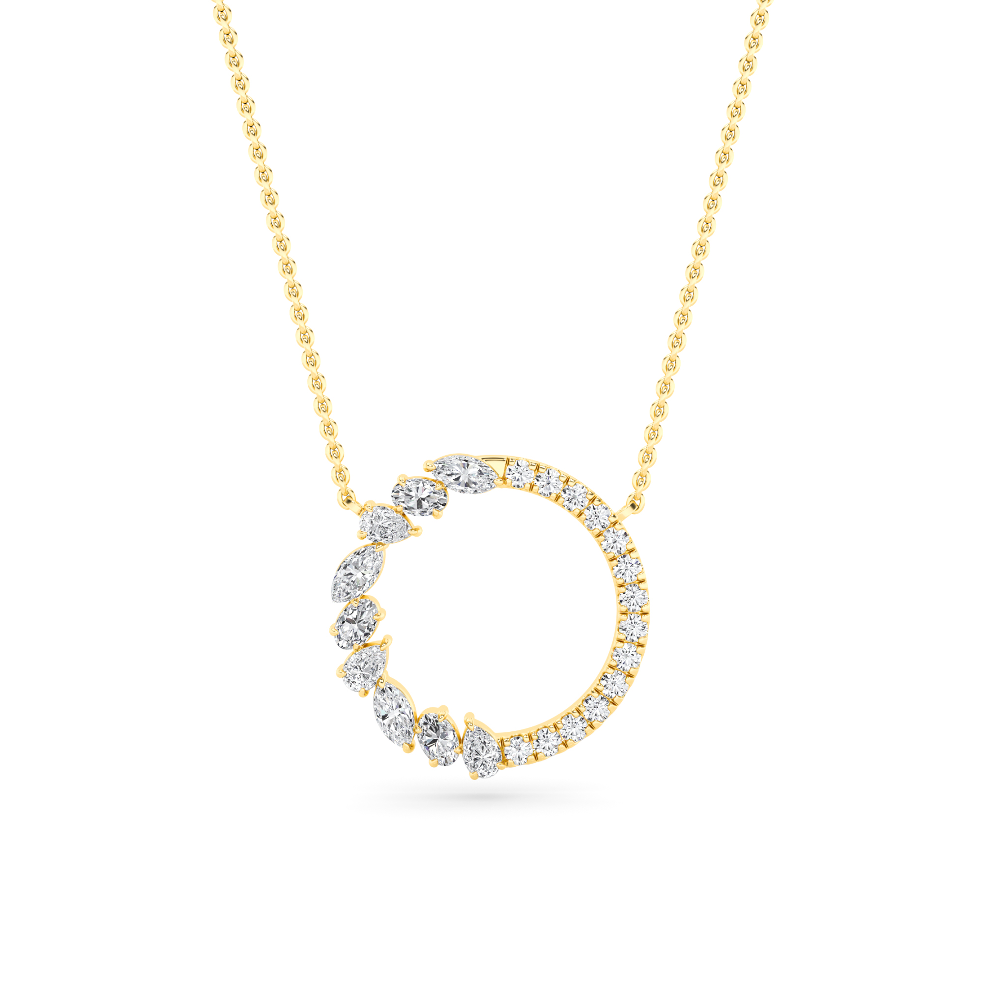 Prong Set Multi Stone Diamond Circle Pendant Necklace with 18" Chain Yellow Gold Designer Necklaces
