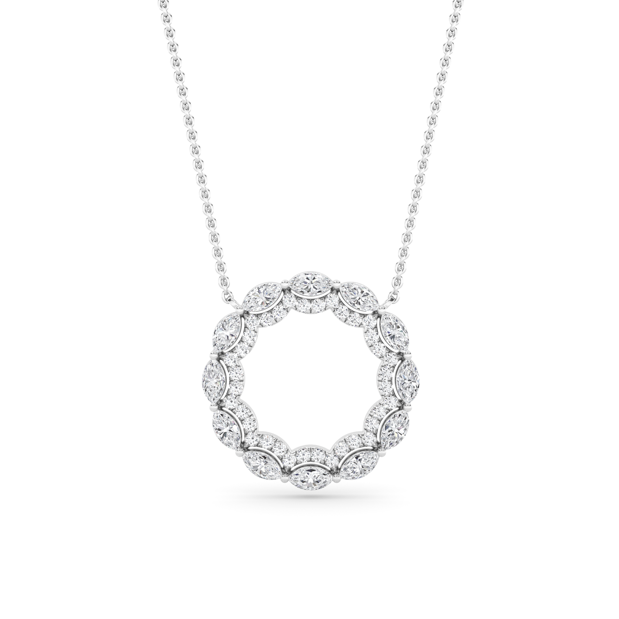 Prong Set Marquise & Cut Diamond Round Pendant Necklace in 9K Yellow Gold Elegant Necklaces