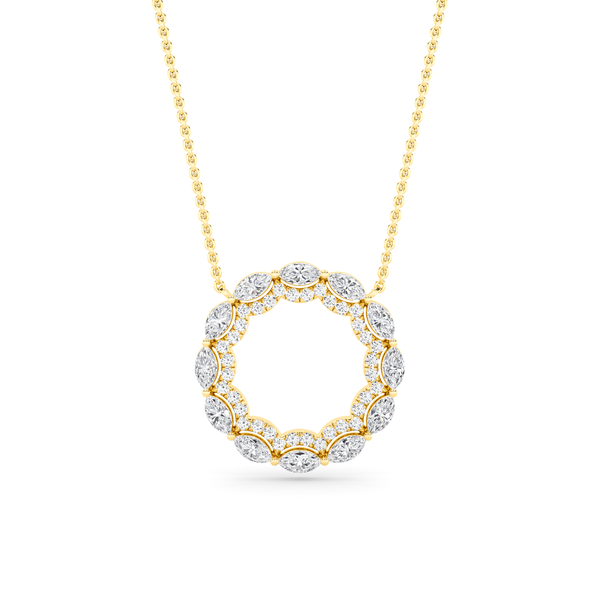 Elegant  Prong Set Marquise & Round Cut Diamond Round Pendant Necklace in 9K Yellow Gold