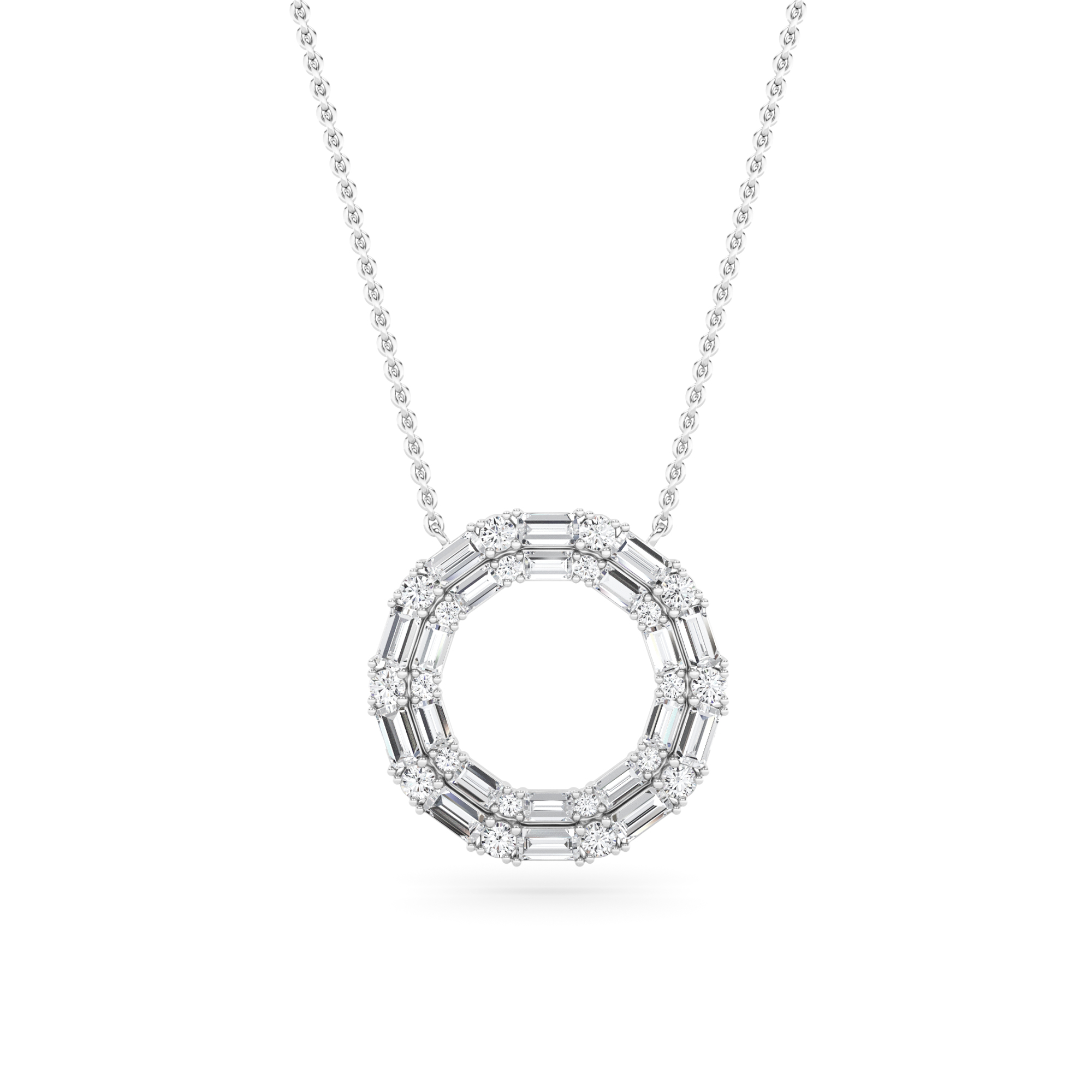 Prong Set Round & Baguette Cut Diamond Circle Necklace in 9K White Gold with Chain Double Necklaces