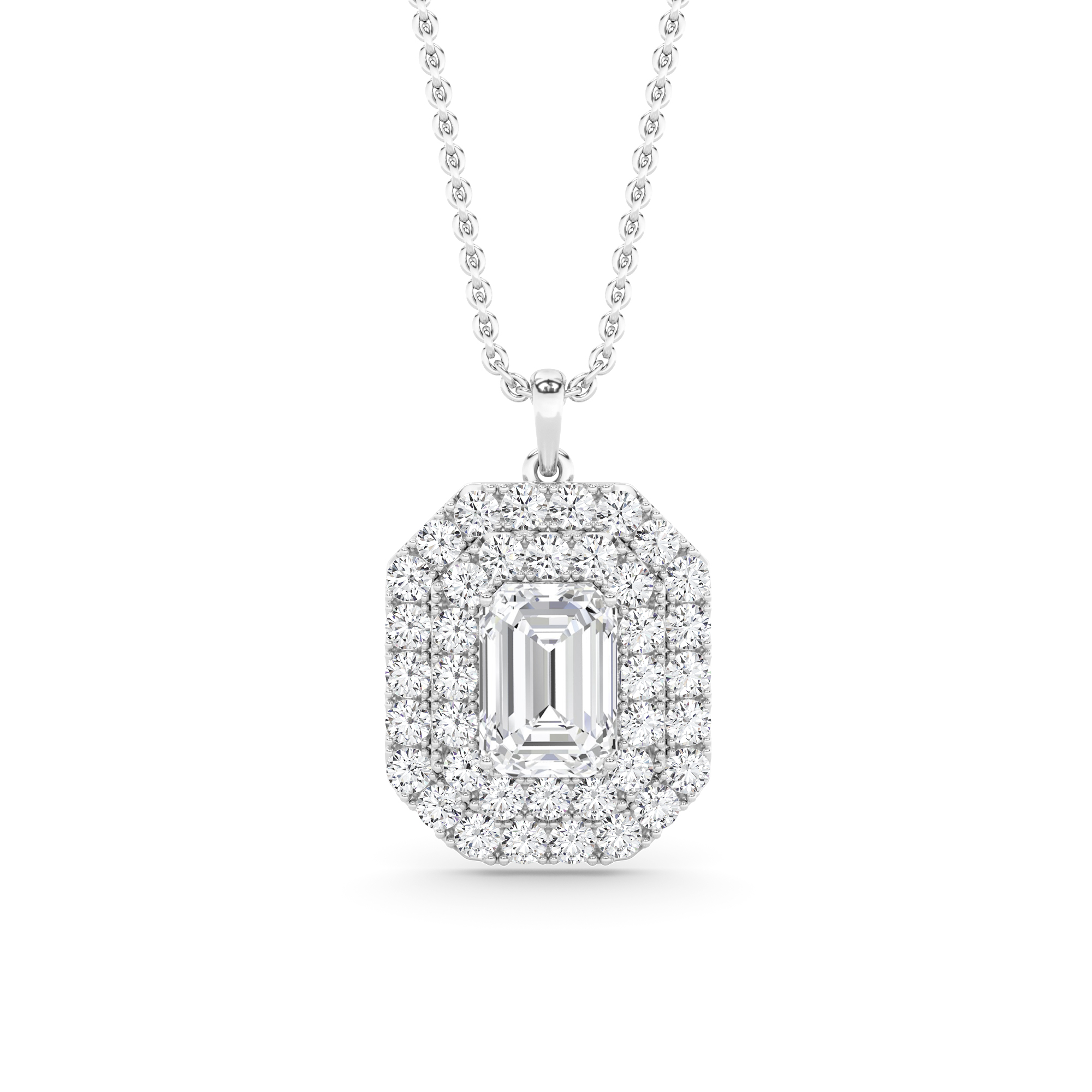 Fancy Style Double Halo Emerald Cut Diamond Pendant in 9K White Gold