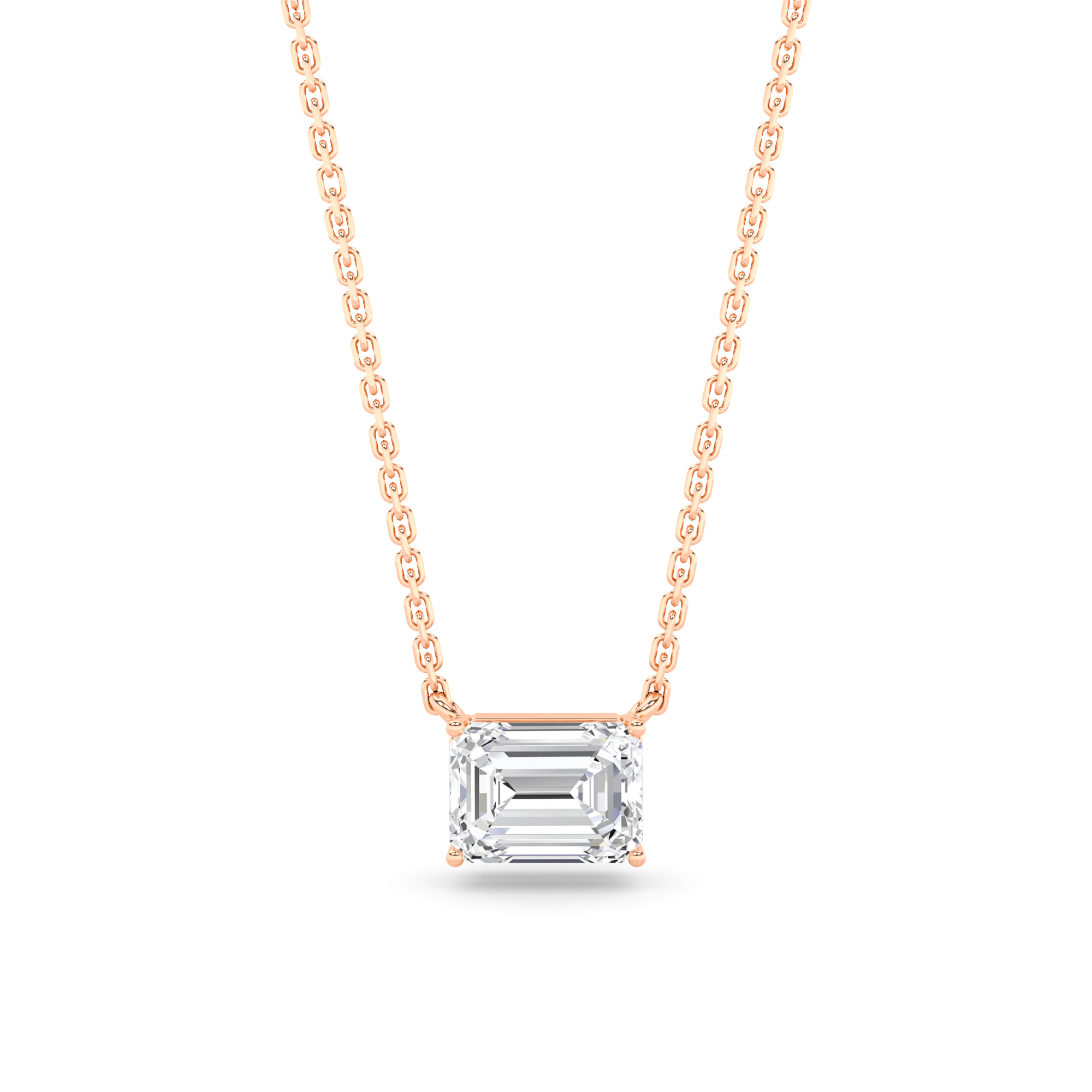 Set 4 Prong Emerald Cut Diamond Solitaire Pendant in 9K White Rose Gold Basket Necklaces