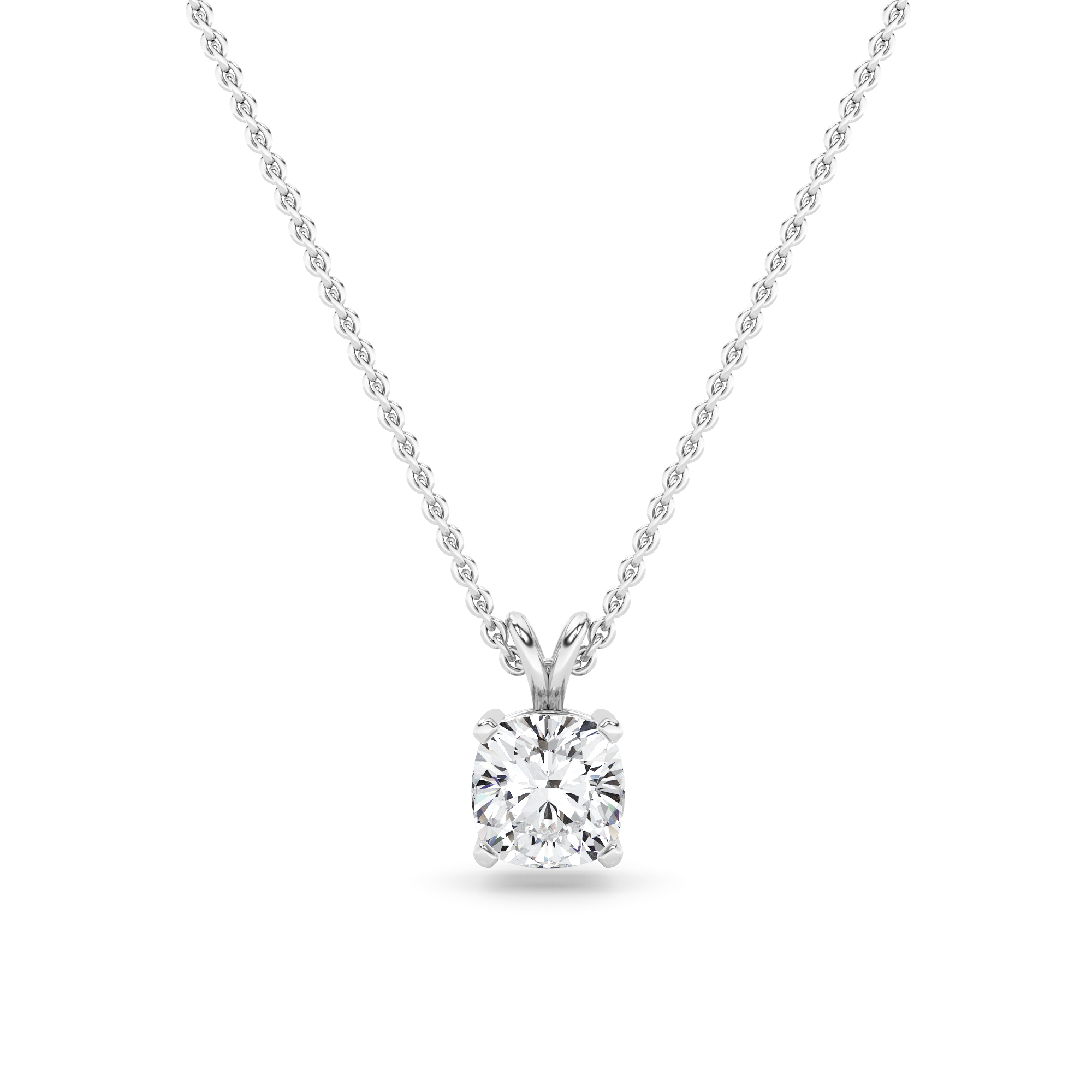 Classic Split Bale  Prong Set Cushion Cut Diamond Solitaire Pendant Necklaces in 9K White Gold