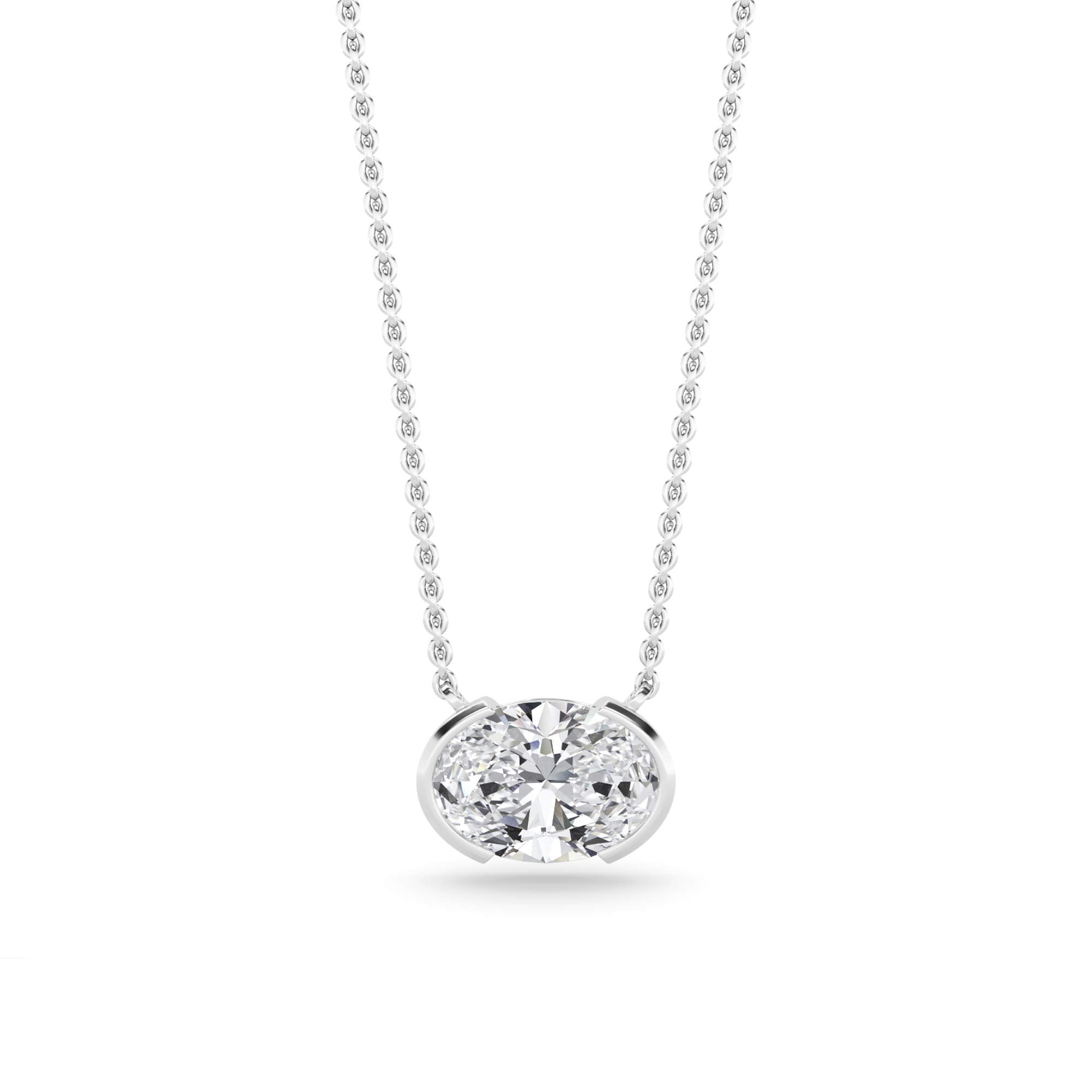Dangling Half Bezel Setting Oval Cut Diamond Solitaire Pendant Necklaces in 9K White Gold