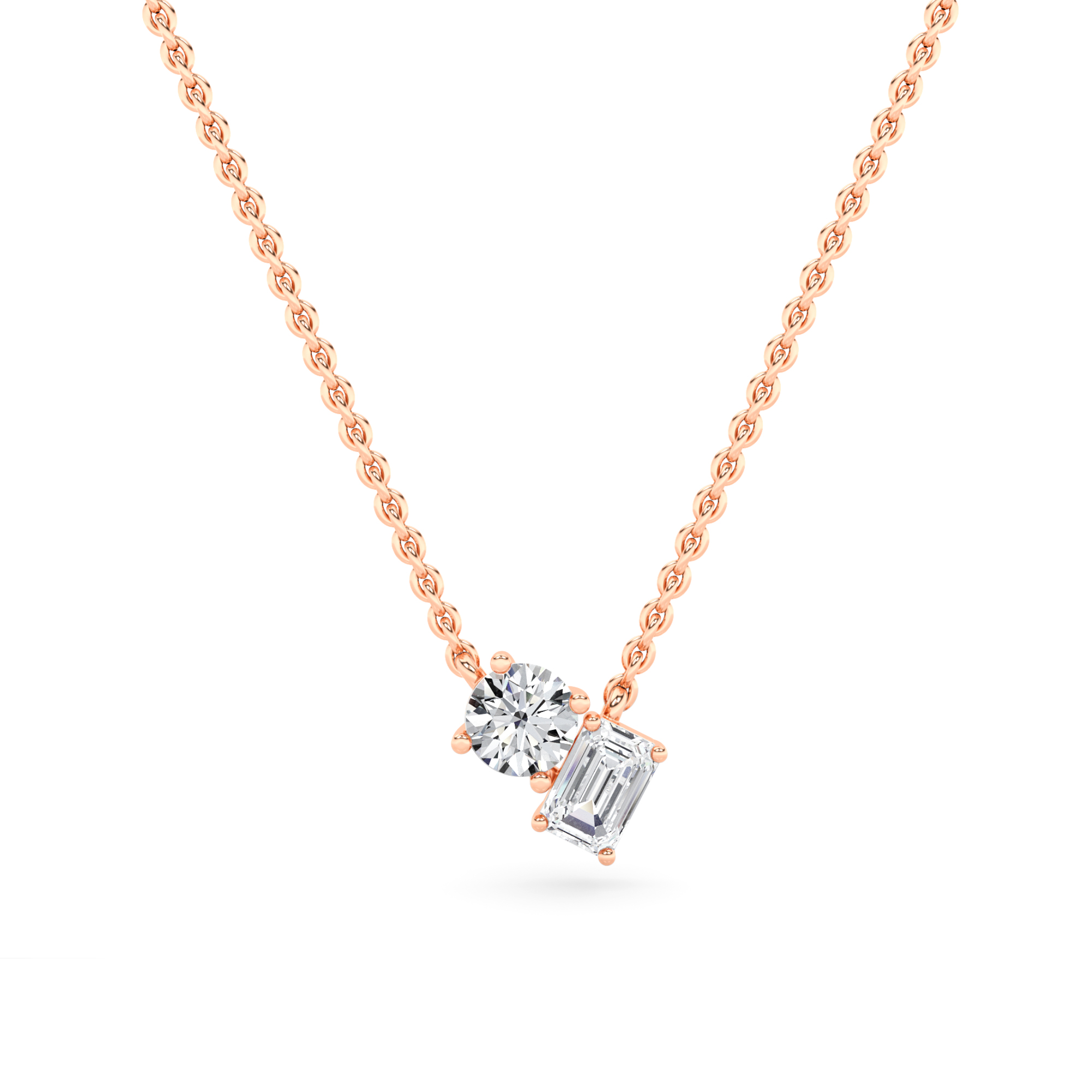 Style Prong Set Emerald and Round Cut Diamond Solitaire Pendant in 9K Yellow Rose Gold Toi Et Moi Necklaces