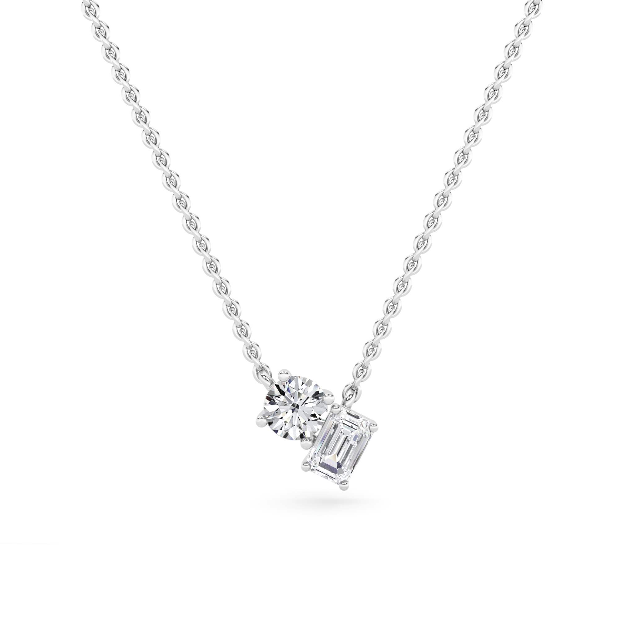 Style Prong Set Emerald and Round Cut Diamond Solitaire Pendant in 9K Yellow White Gold Toi Et Moi Necklaces