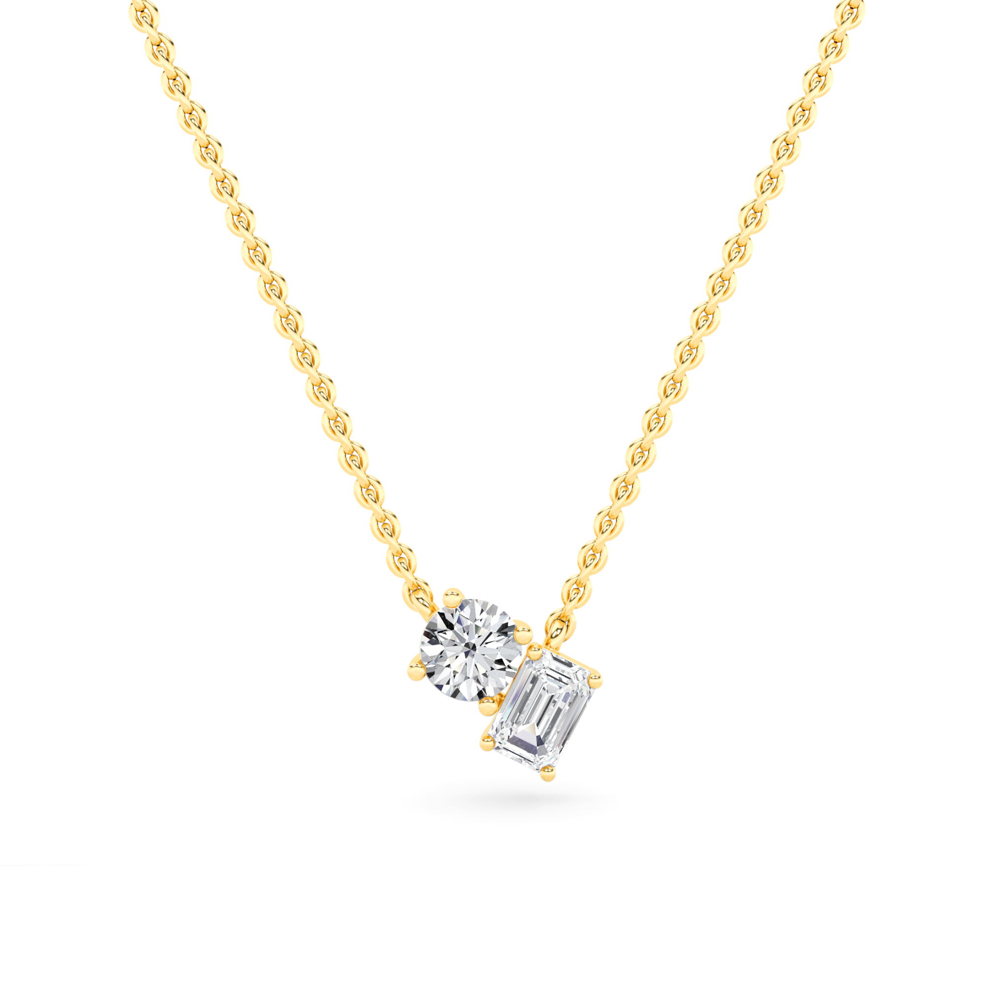 Style Prong Set Emerald and Round Cut Diamond Solitaire Pendant in 9K Yellow Gold Toi Et Moi Necklaces