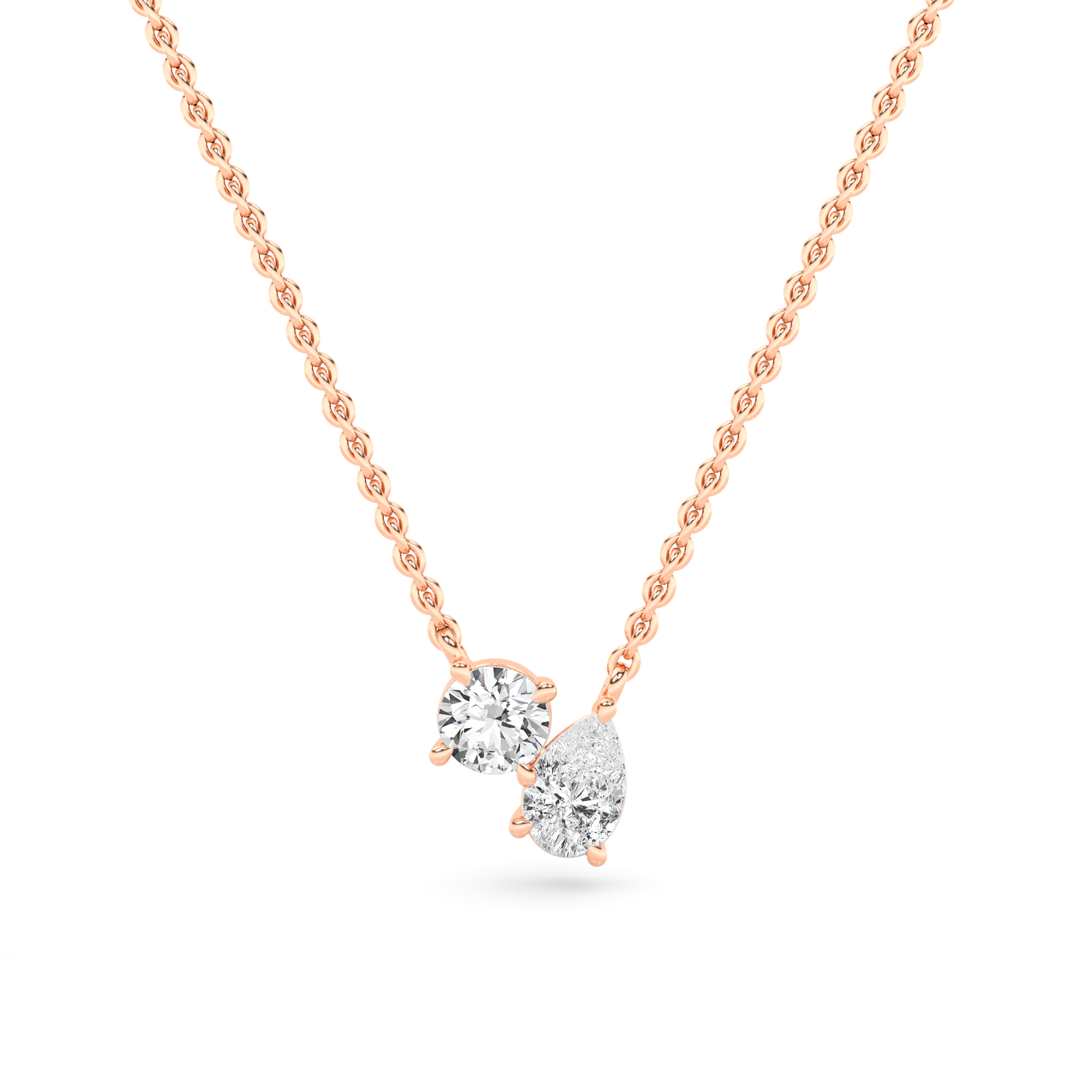 1.00ct VVS1-D Round & Pear Cut Toi Et Moi Diamond Necklace in 18K Rose Gold with 18"Chain