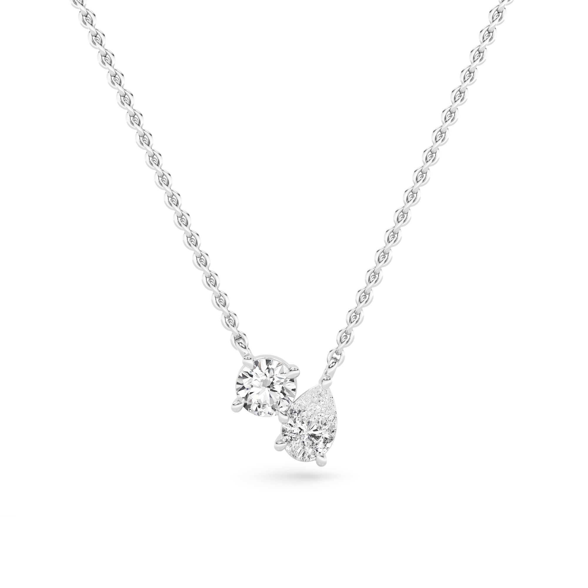 Style Prong Set Round and Pear Cut Promise Diamond Necklace in 9K Rose White Gold Toi Et Moi Necklaces
