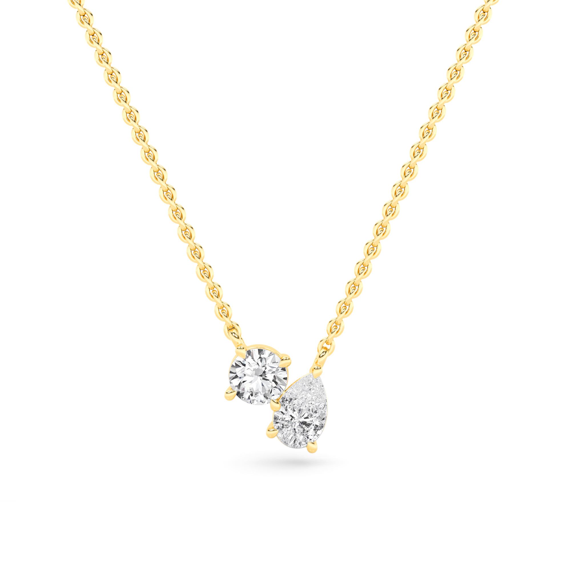 Style Prong Set Round and Pear Cut Promise Diamond Necklace in 9K Rose Yellow Gold Toi Et Moi Necklaces