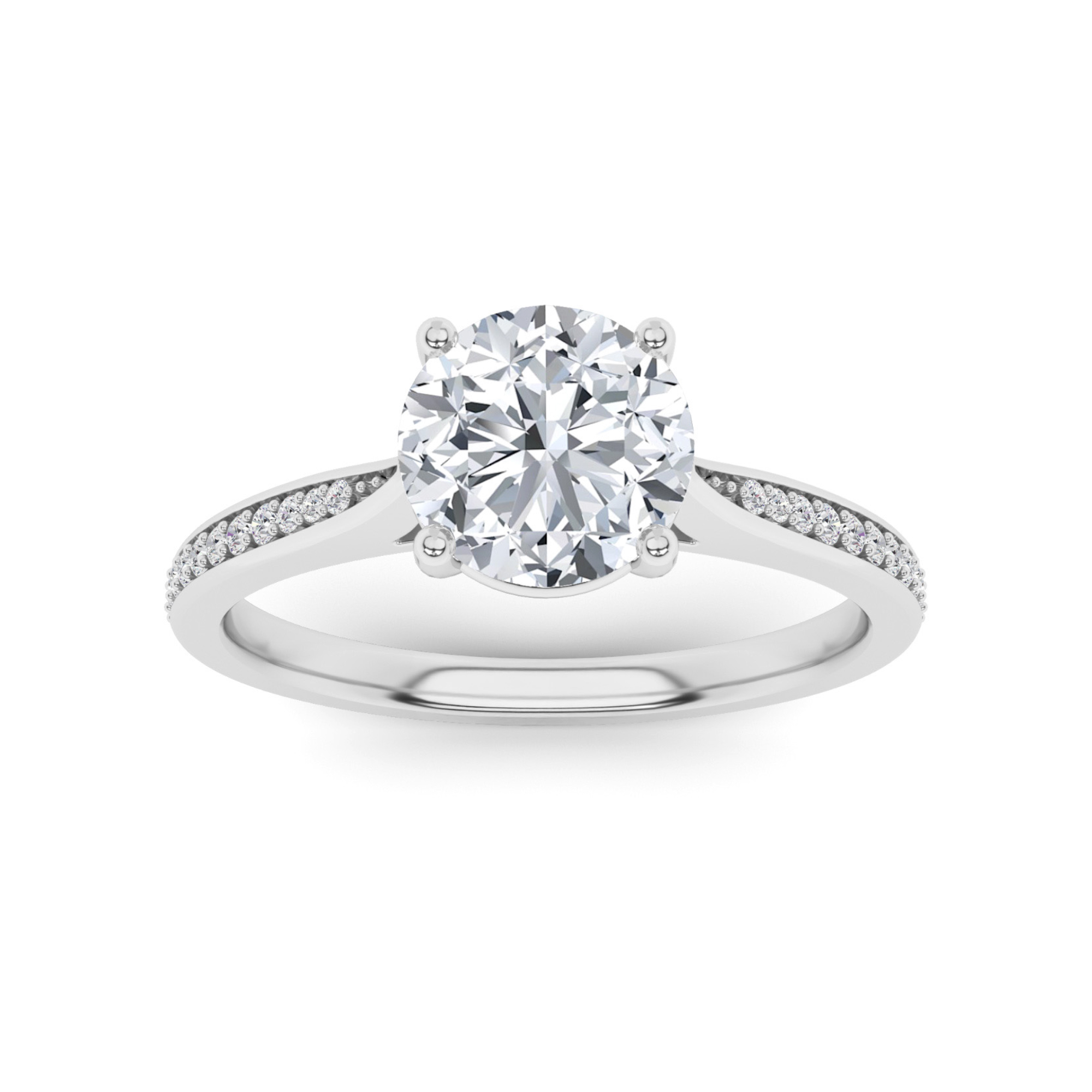 Tappered Shoulder 4 Prong With Pave Set Round Side Stone Diamond in 9K Yellow Gold Silver Everlasting Engagement Ring