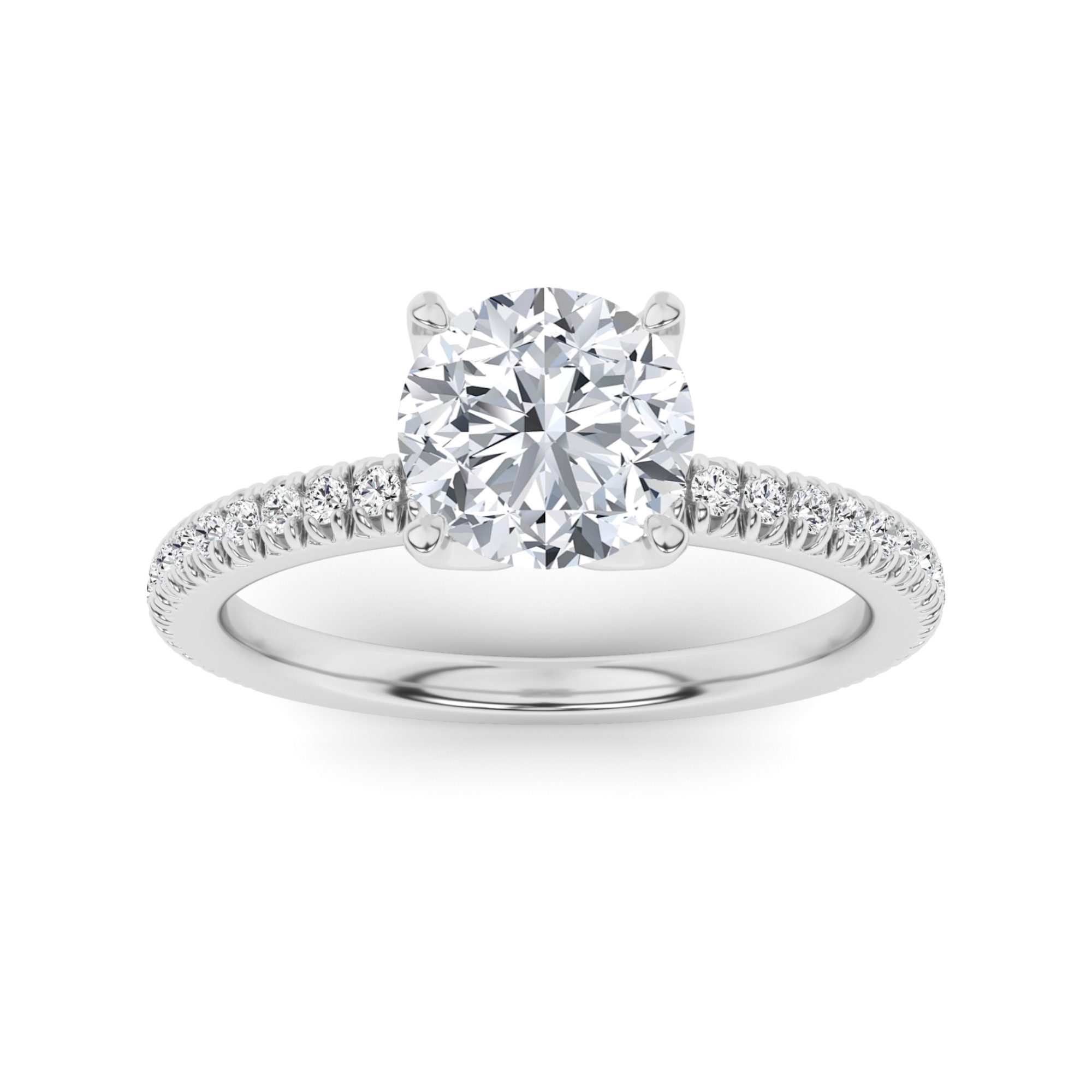 Flower Design Pave Set Round Side Stone Diamond Engagement Ring in 9K White Gold