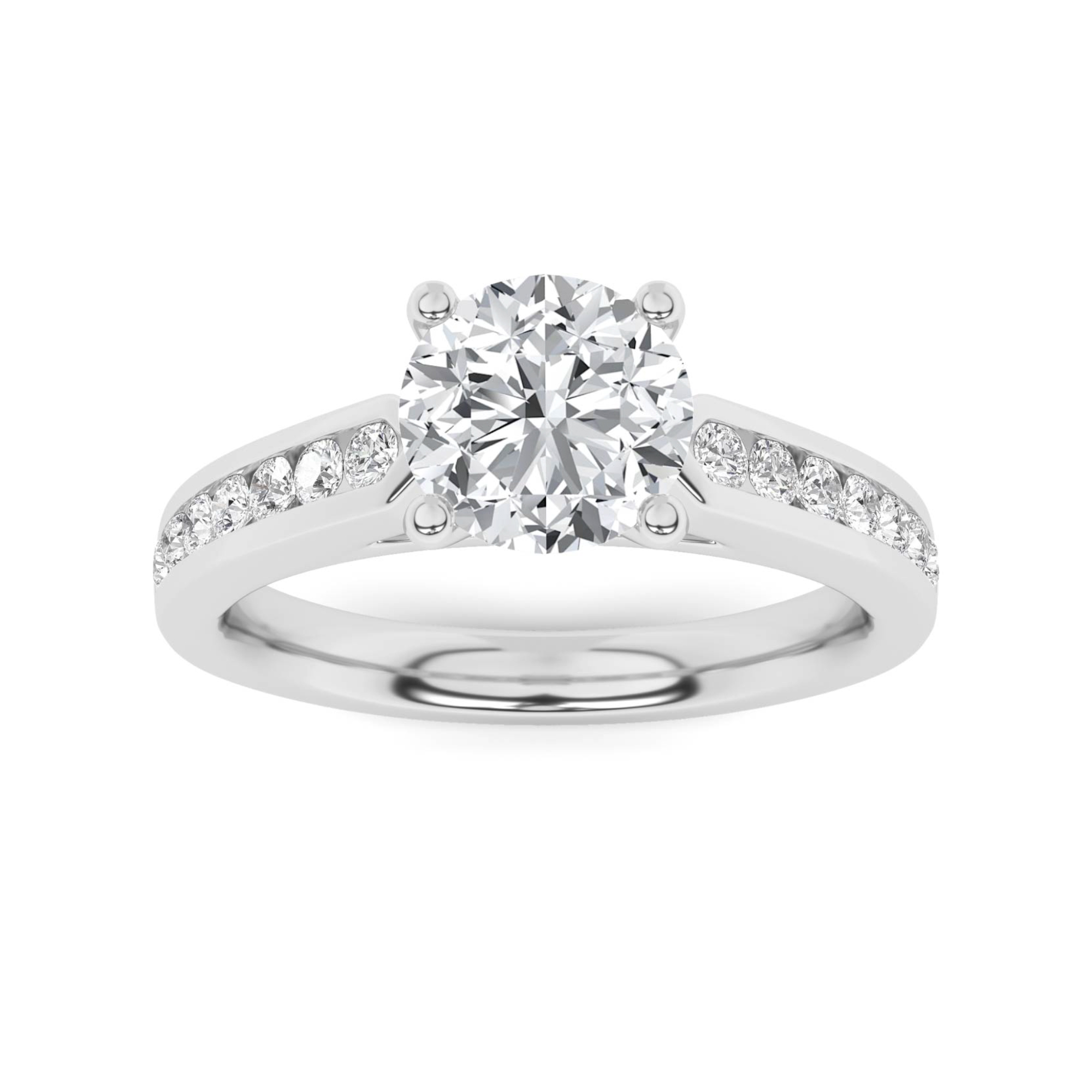 Open Cathedral  Channel Set Round Side Stone Diamond Engagement Ring in 9K White Gold