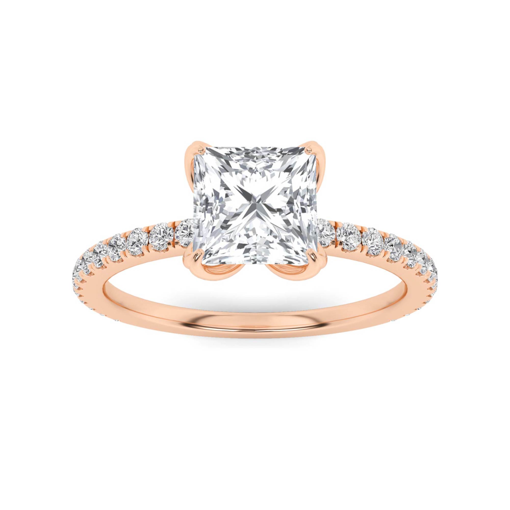 4 Prong Flower Round Side Stone Diamond in 9K Rose Gold Enchanted Engagement Ring