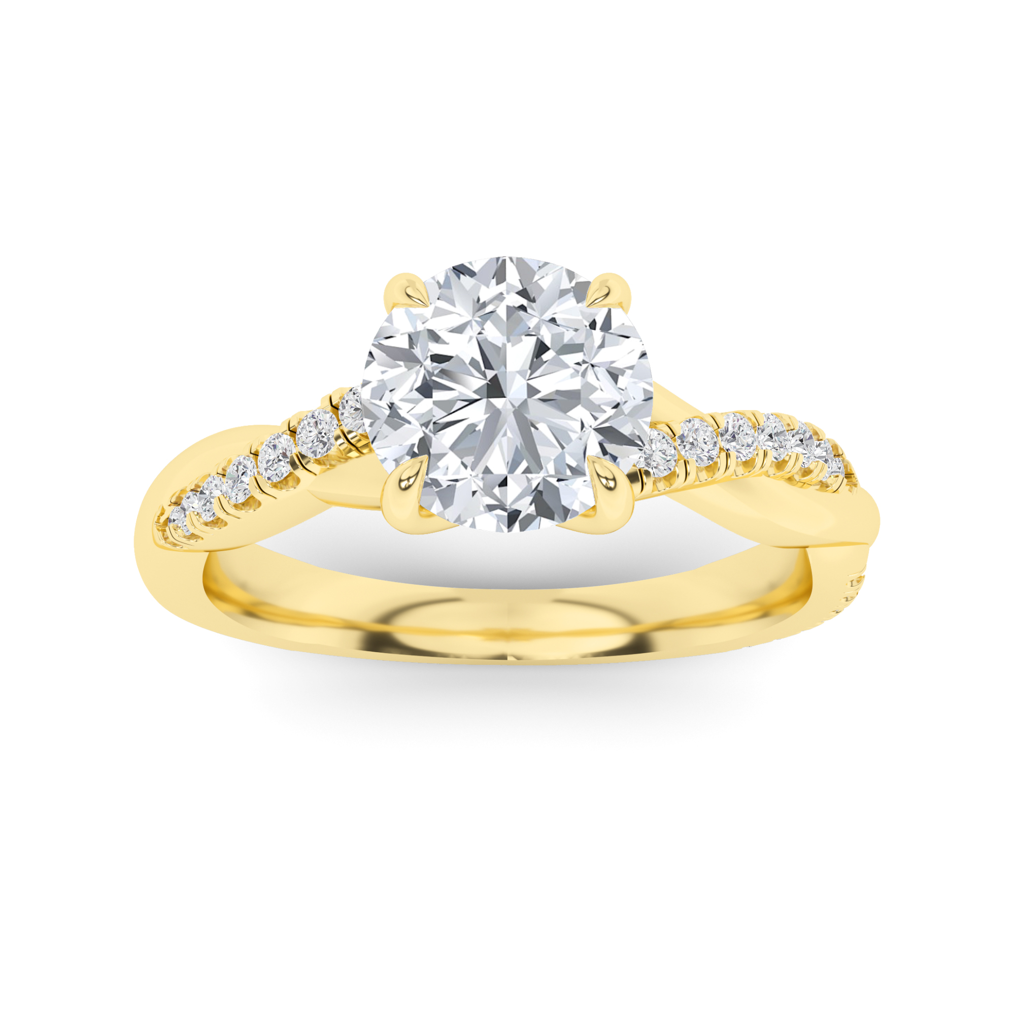 Unique Cross Curve 4 Prong Round Side Stone Diamond Engagement Ring in 9K Yellow Gold