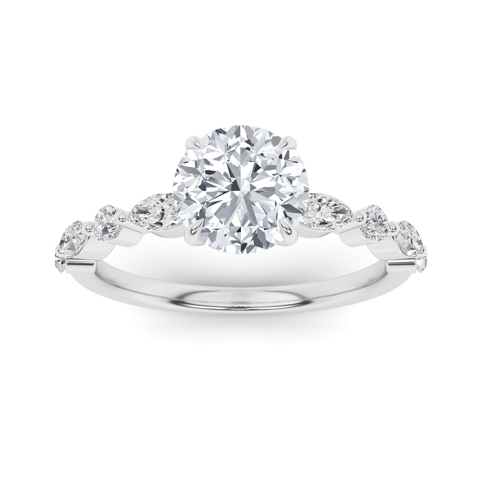 Fine Multi Stone With 4 Prong Round Side Stone Diamond Engagment Ring In 9K White Gold