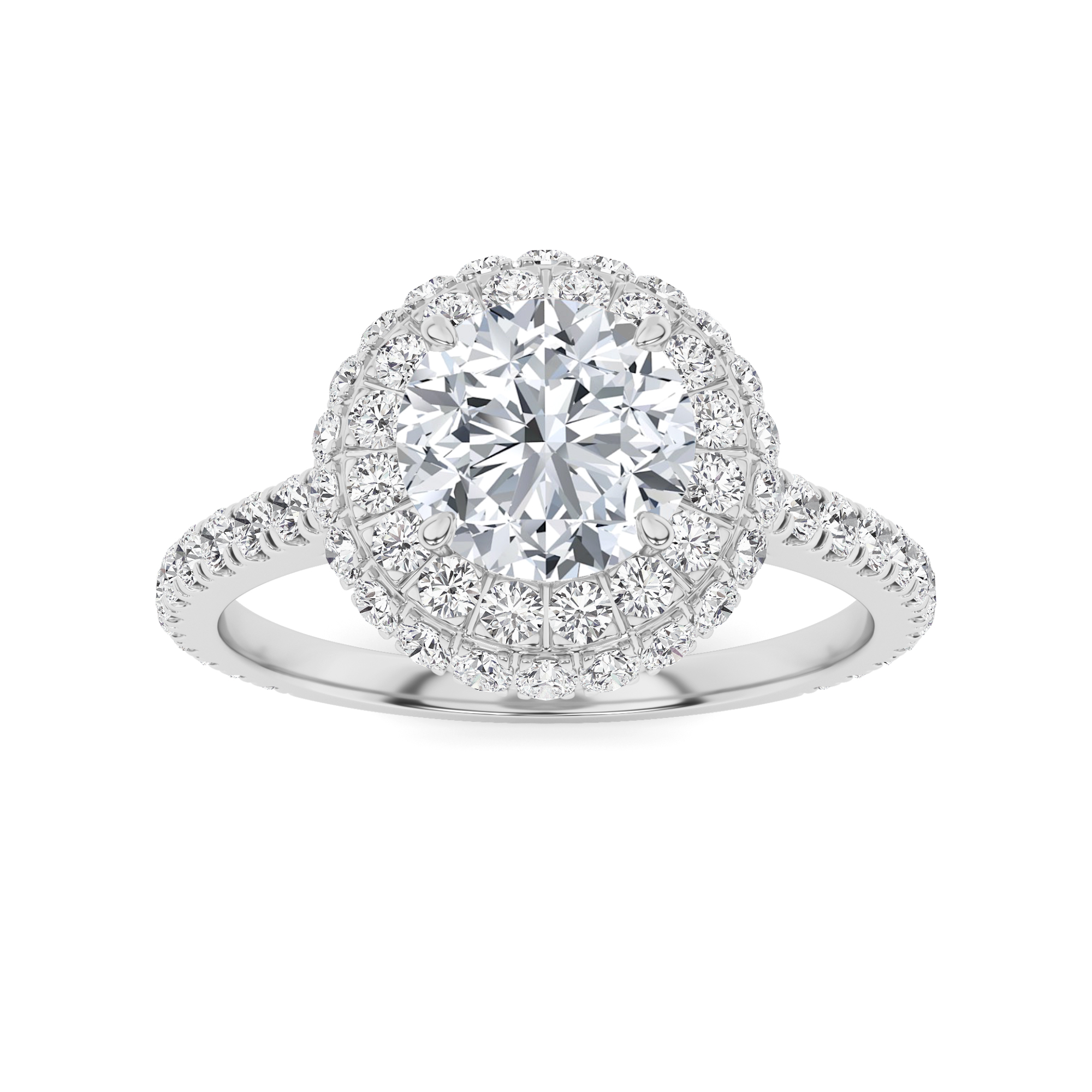 Bohemian Double Halo 4 Prong Round Side Stone Diamond Engagment Ring in 9K White Gold