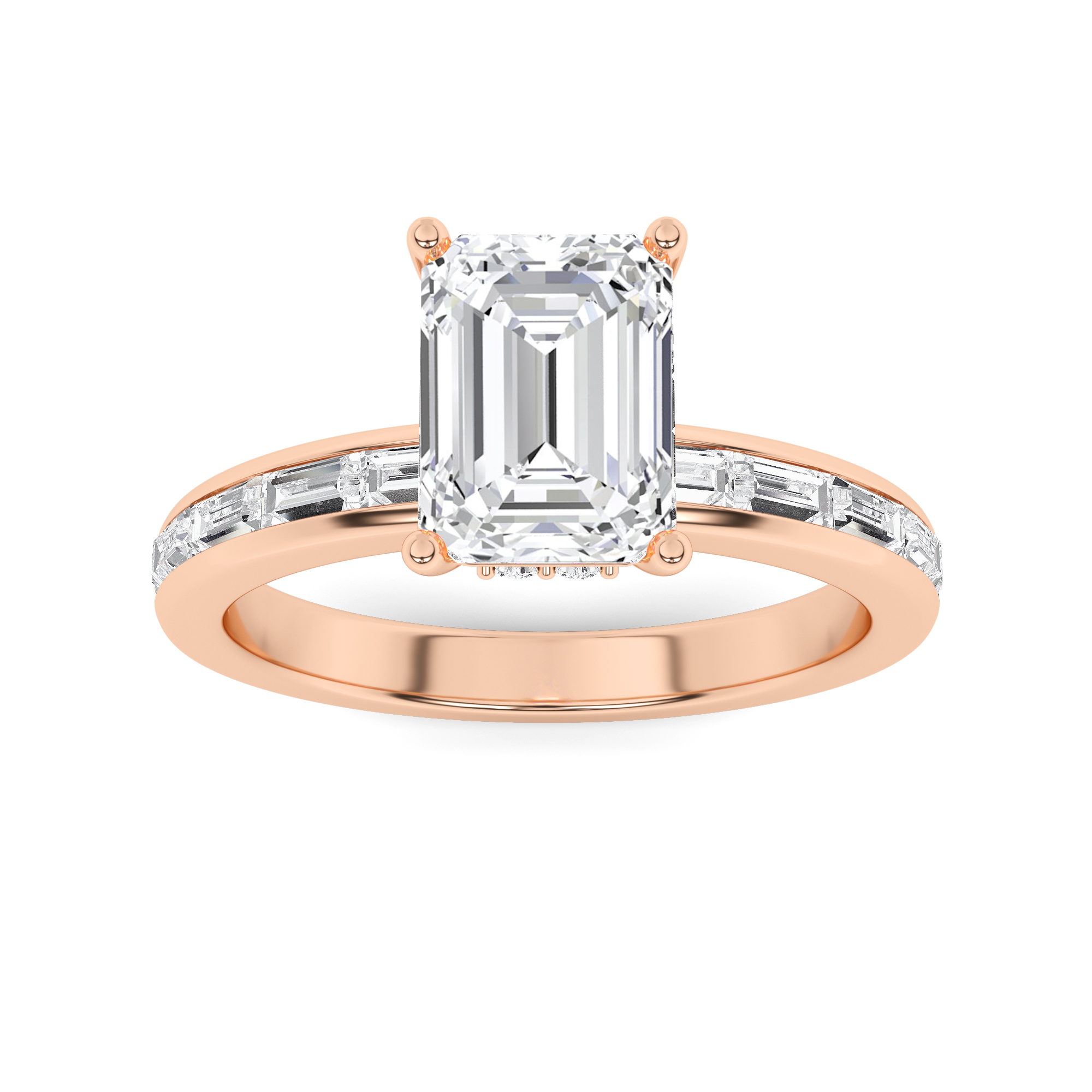 Set Round And Baguette Cut Side Stone Engagement in 9K Rose Gold Unique Channel Diamond Ring