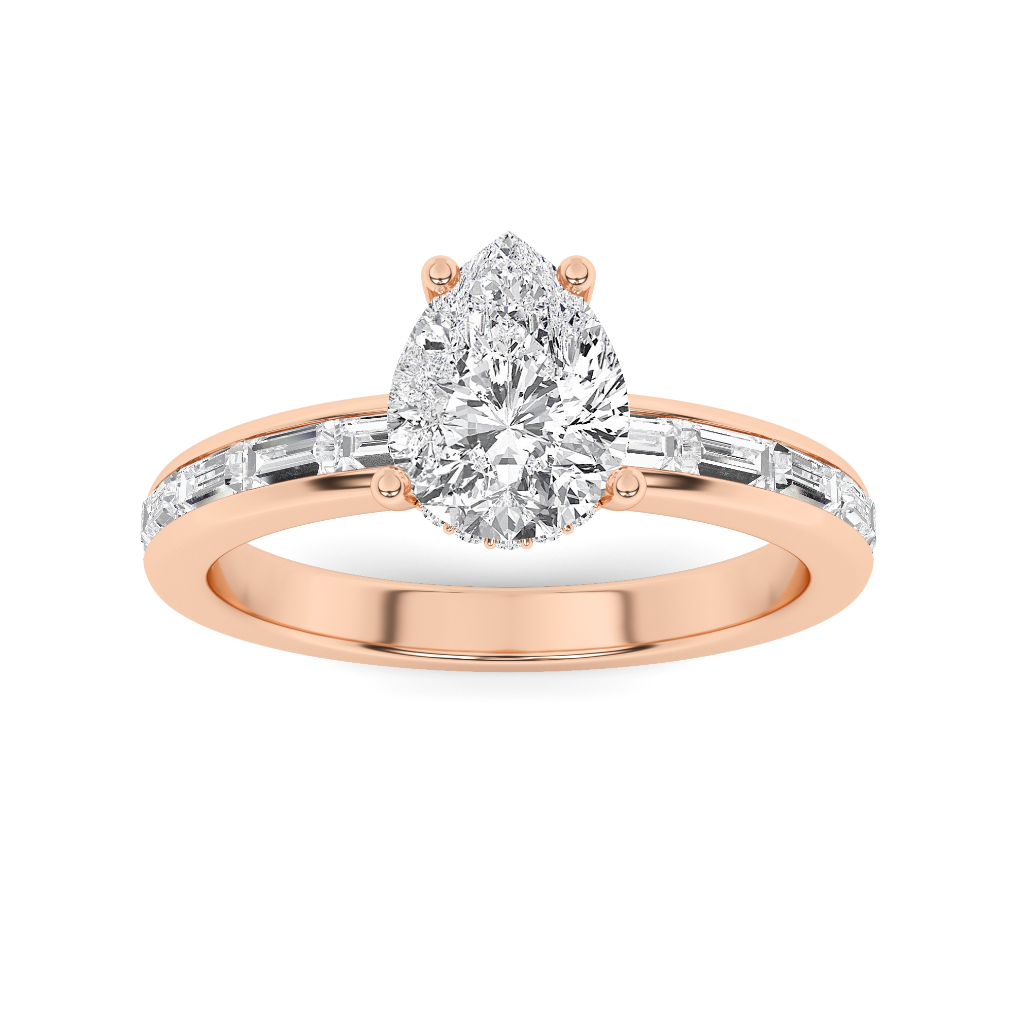 Set Round And Baguette Cut Side Stone Engagement in 9K Rose Gold Unique Channel Diamond Ring