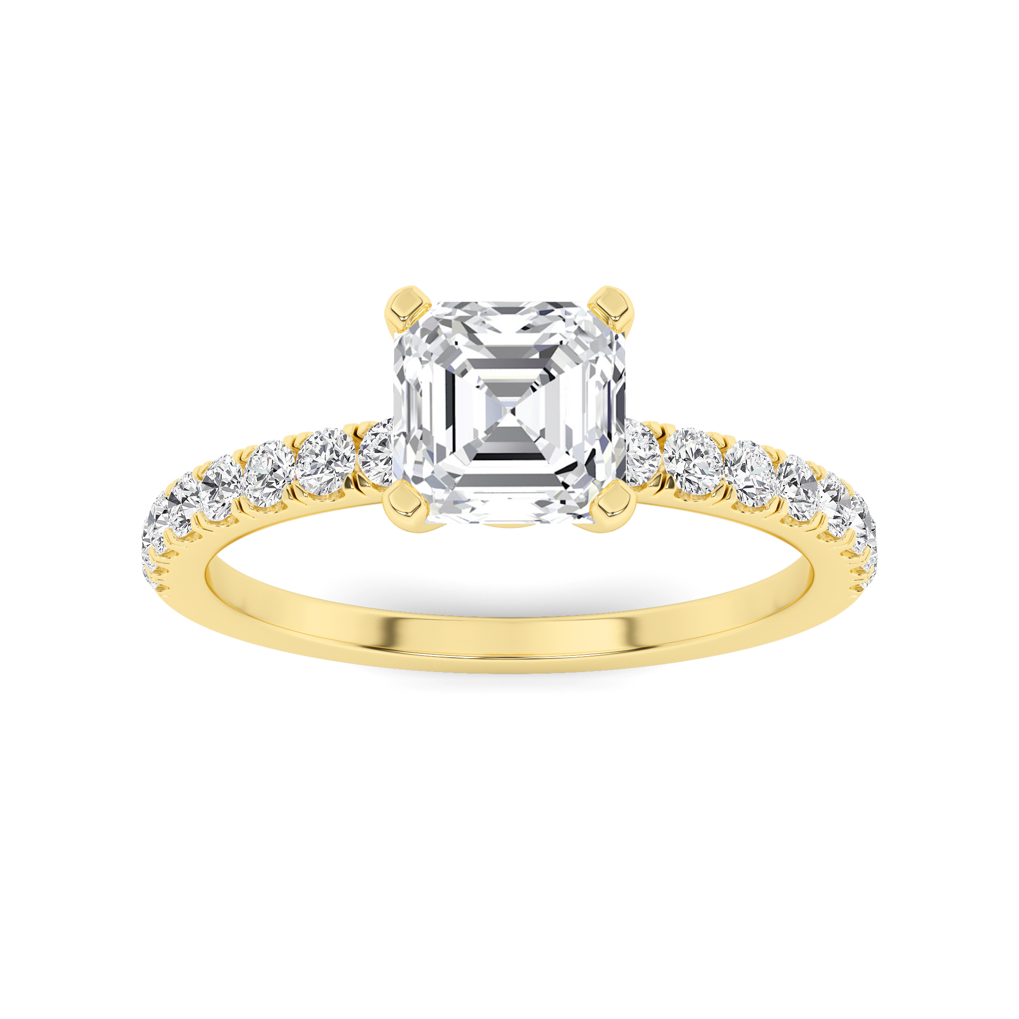 4 Prong Round Side Stone Diamond Engagment in 9K Yellow Gold Timeless Engagement Ring