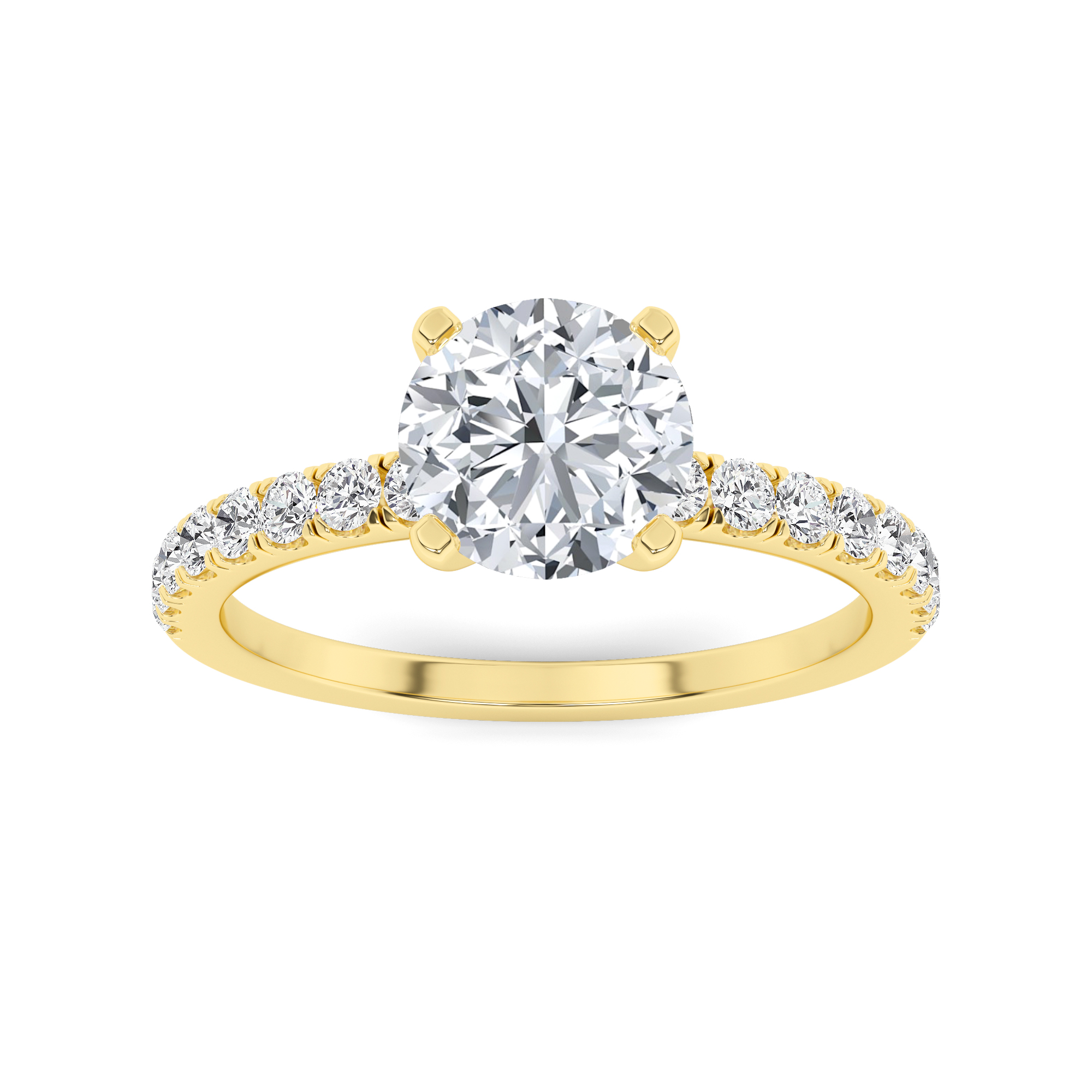 Timeless 4 Prong Round Side Stone Diamond Engagment Ring in 9K Yellow Gold