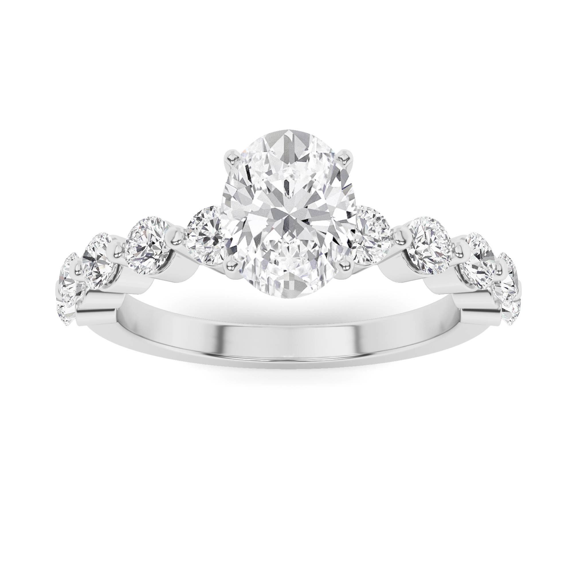Prong Set Round Side Stone Engagment in 9K White Gold Unique Diamond Ring