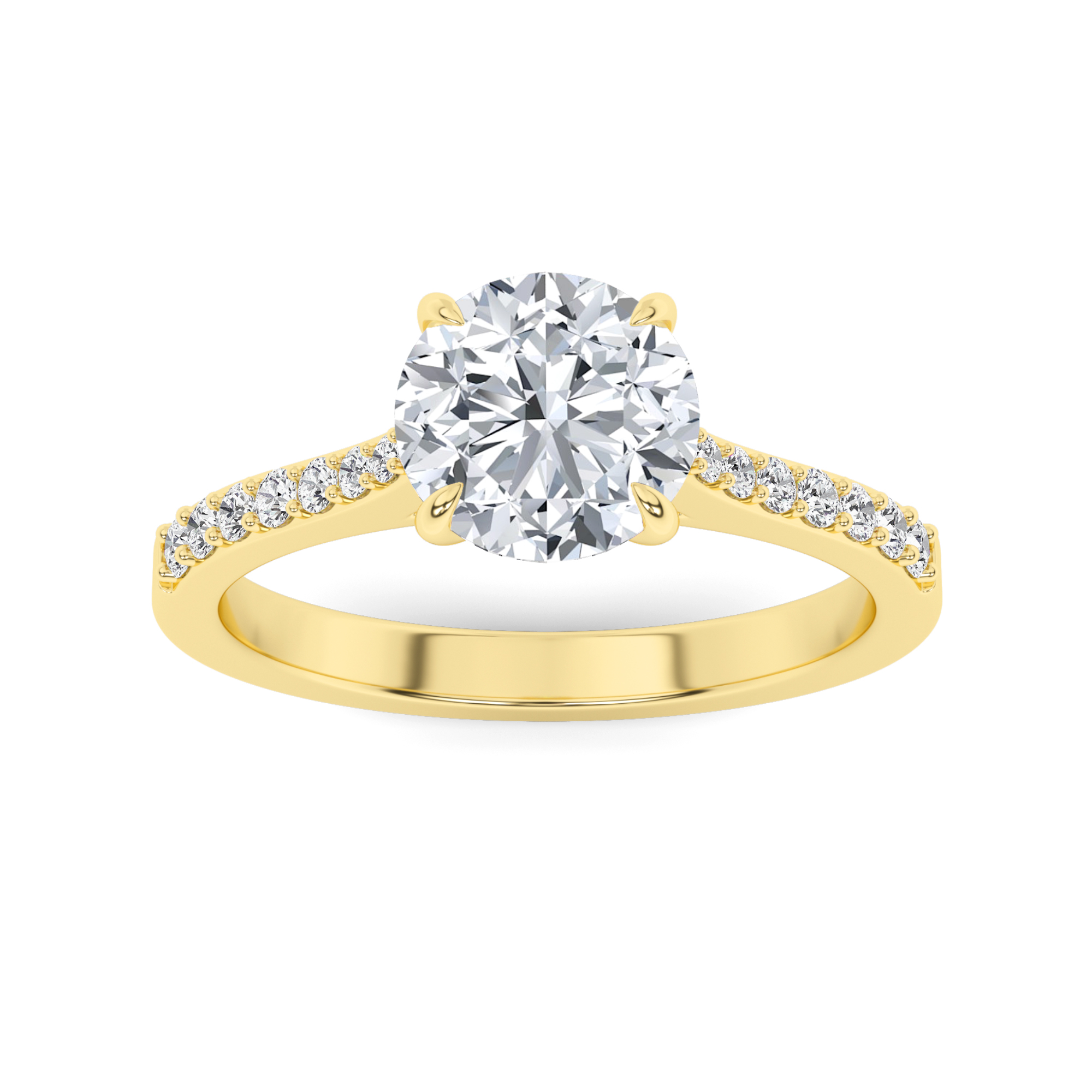 4 Prong  Round Side Stone Engagment in 9K Yellow Gold Classic Diamond Ring