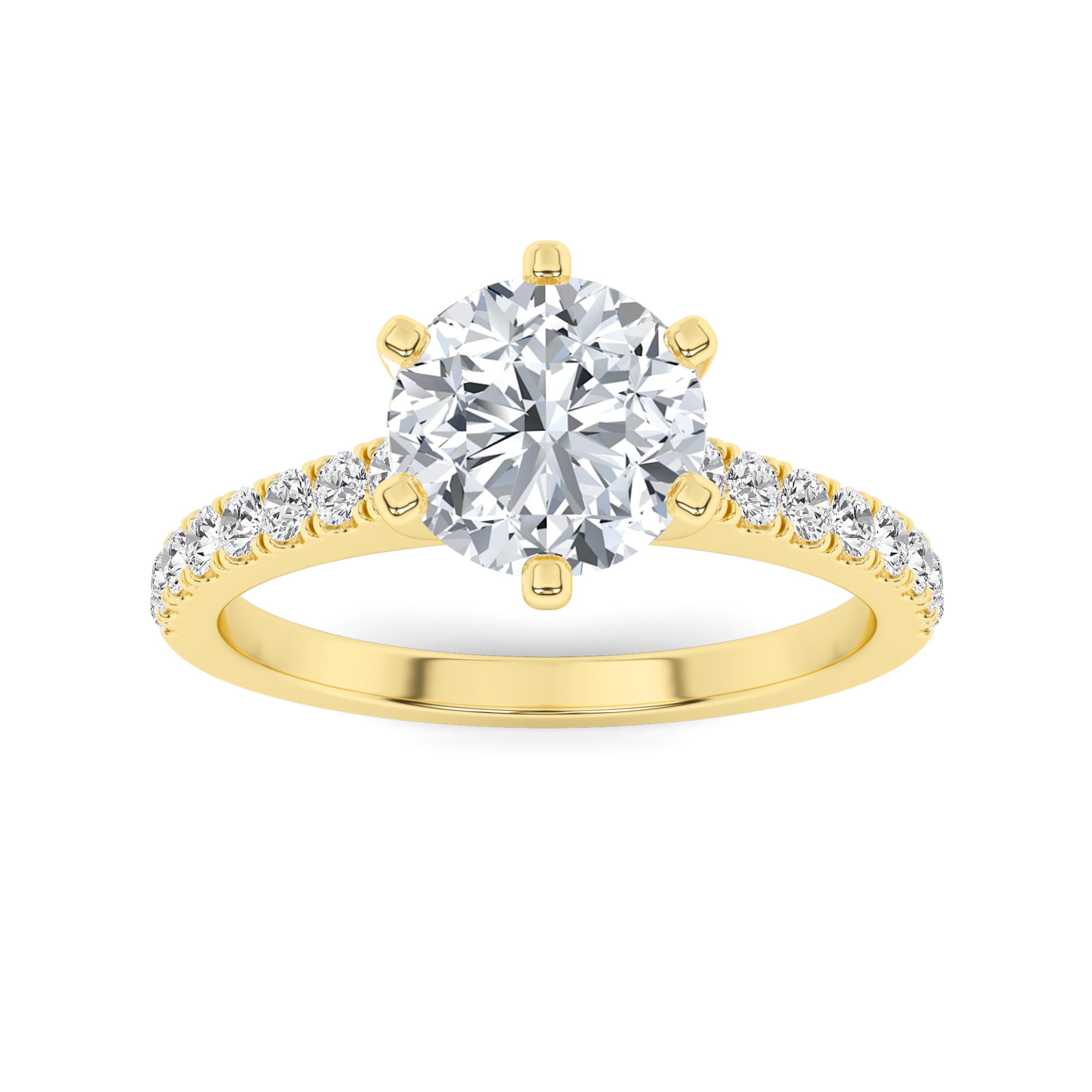 6 Prong With Pave Shoulder Round Side Stone Diamond in 9K Yellow Gold Dazzling Engagement Ring