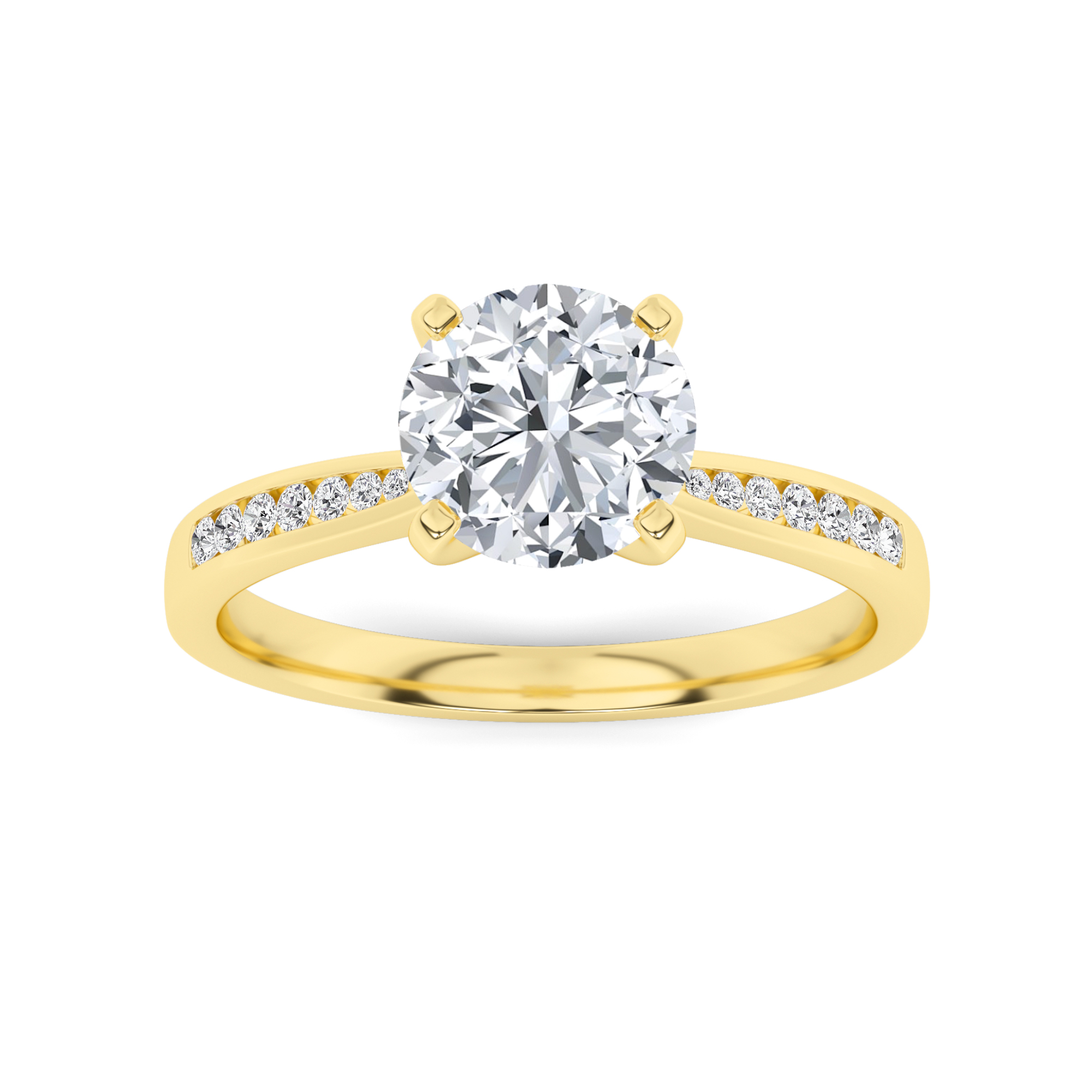 Tapered Shoulder  V Prong Round Side Stone Diamond Engagment Ring in 9K Yellow Gold